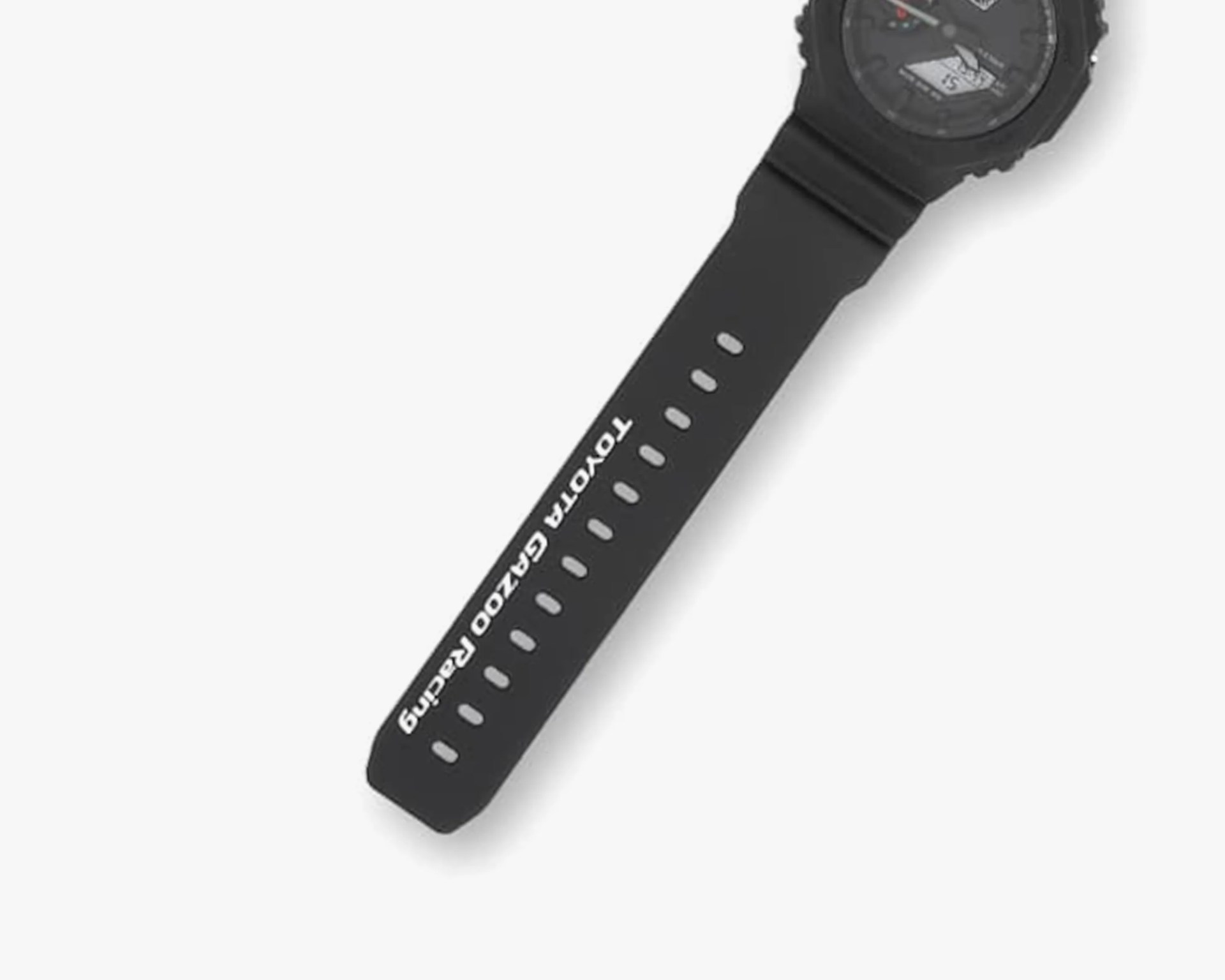 Black watch strap with white text "TOYOTA GAZOO Racing" and multiple adjustment holes.