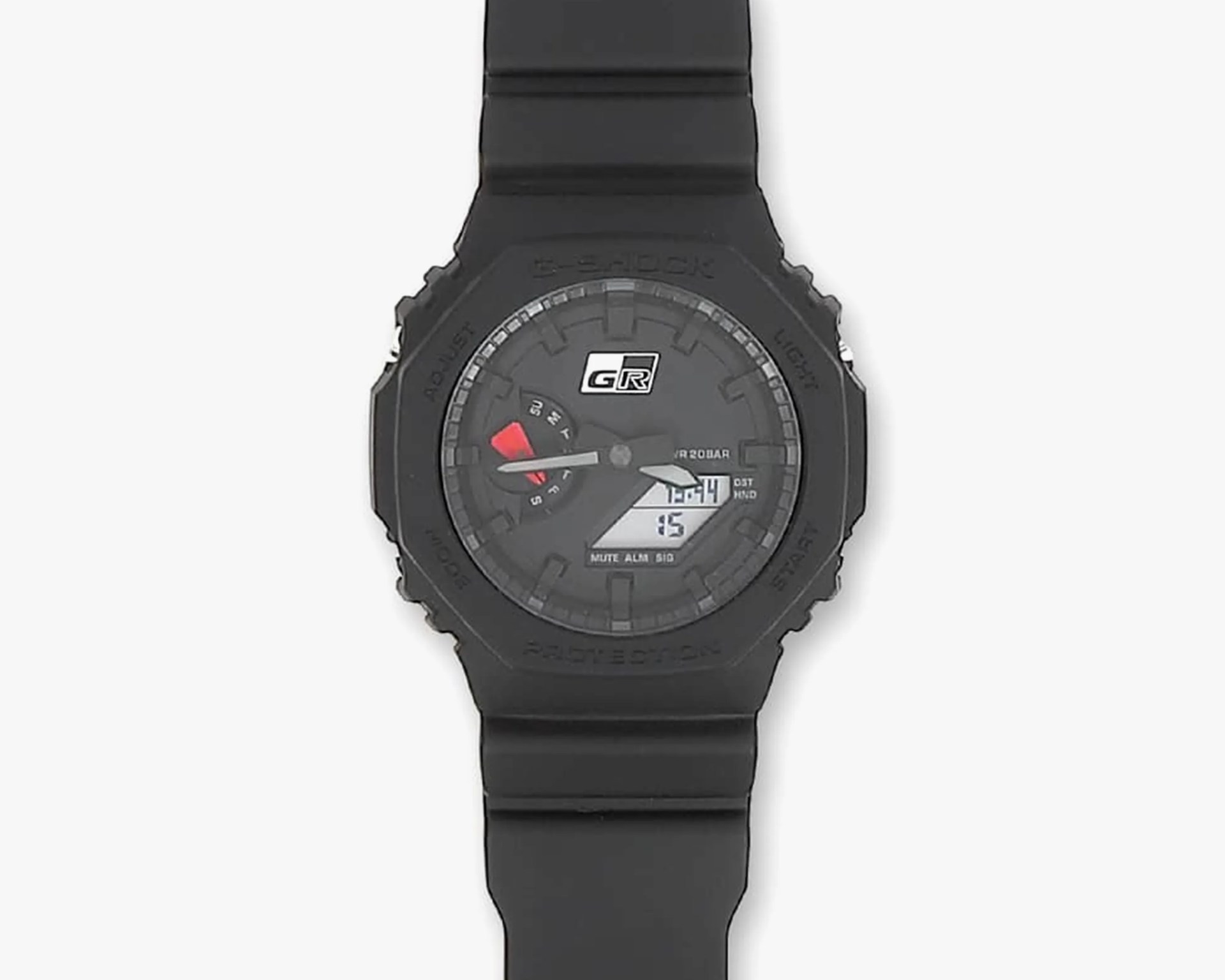 Black Casio G-Shock watch with digital and analog display and GR logo on the dial.