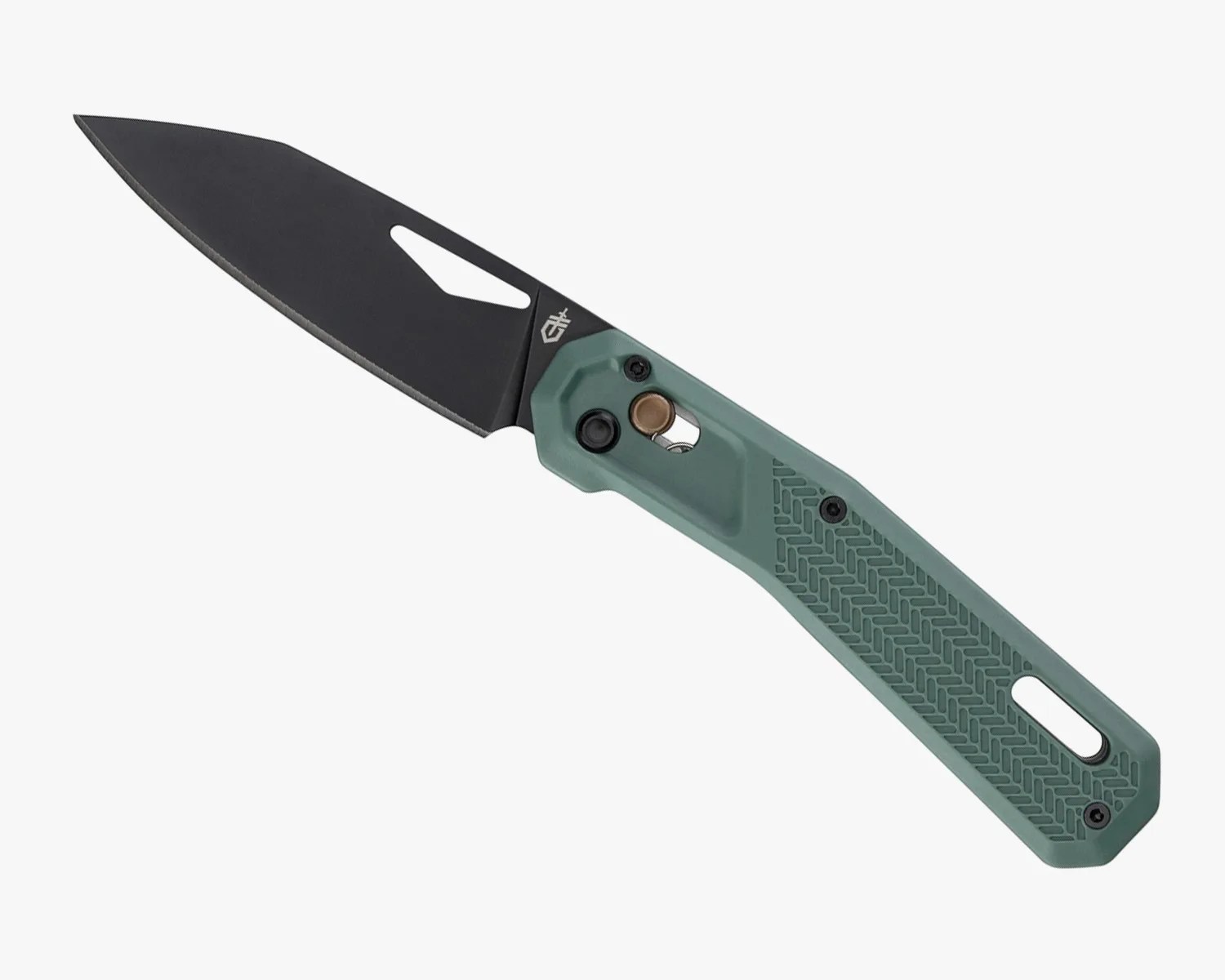 Folding knife with a black blade and textured green handle featuring a thumb hole and locking mechanism.