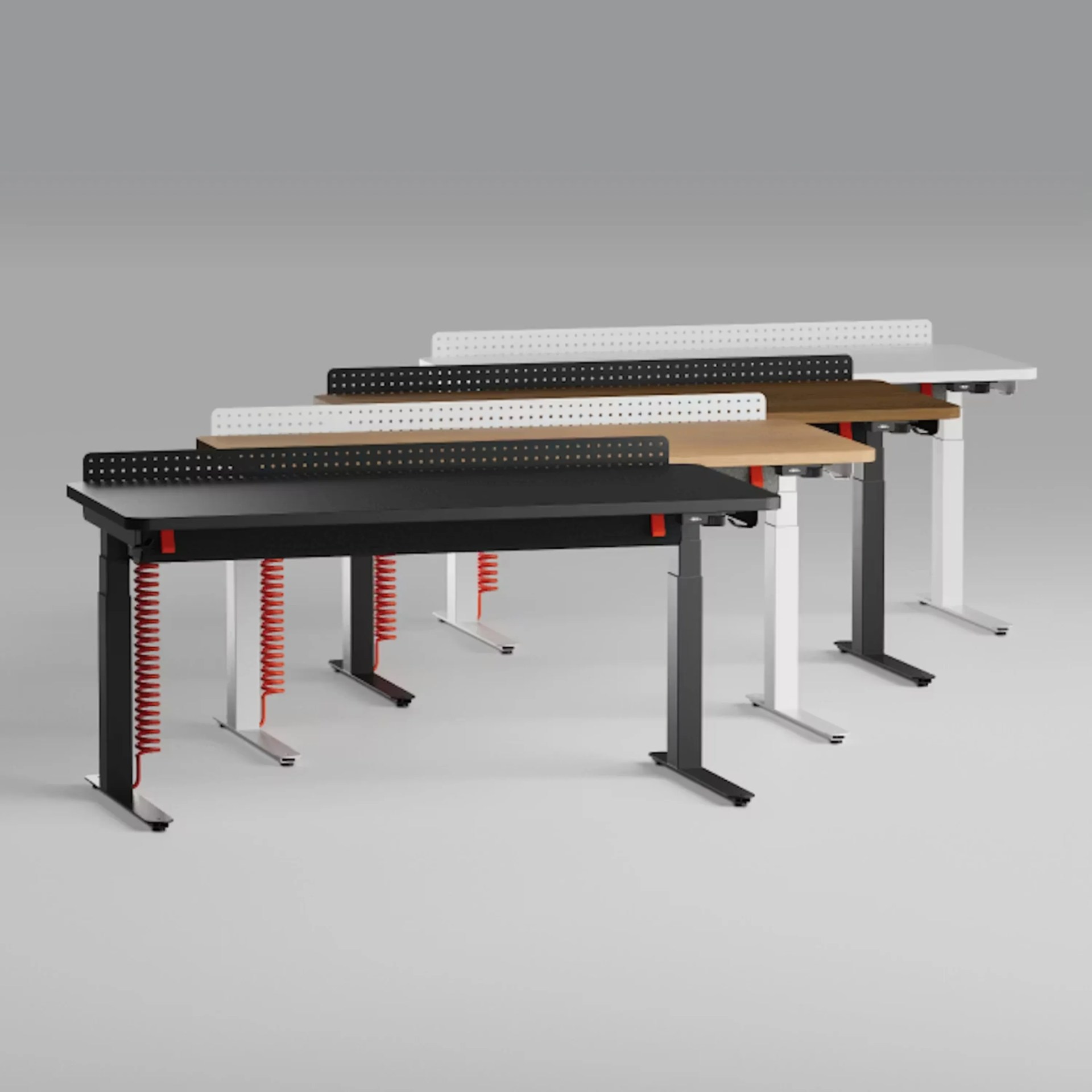 Four adjustable standing desks with black and white perforated modesty panels and red coiled cables, in black, light wood, dark wood, and white finishes.
