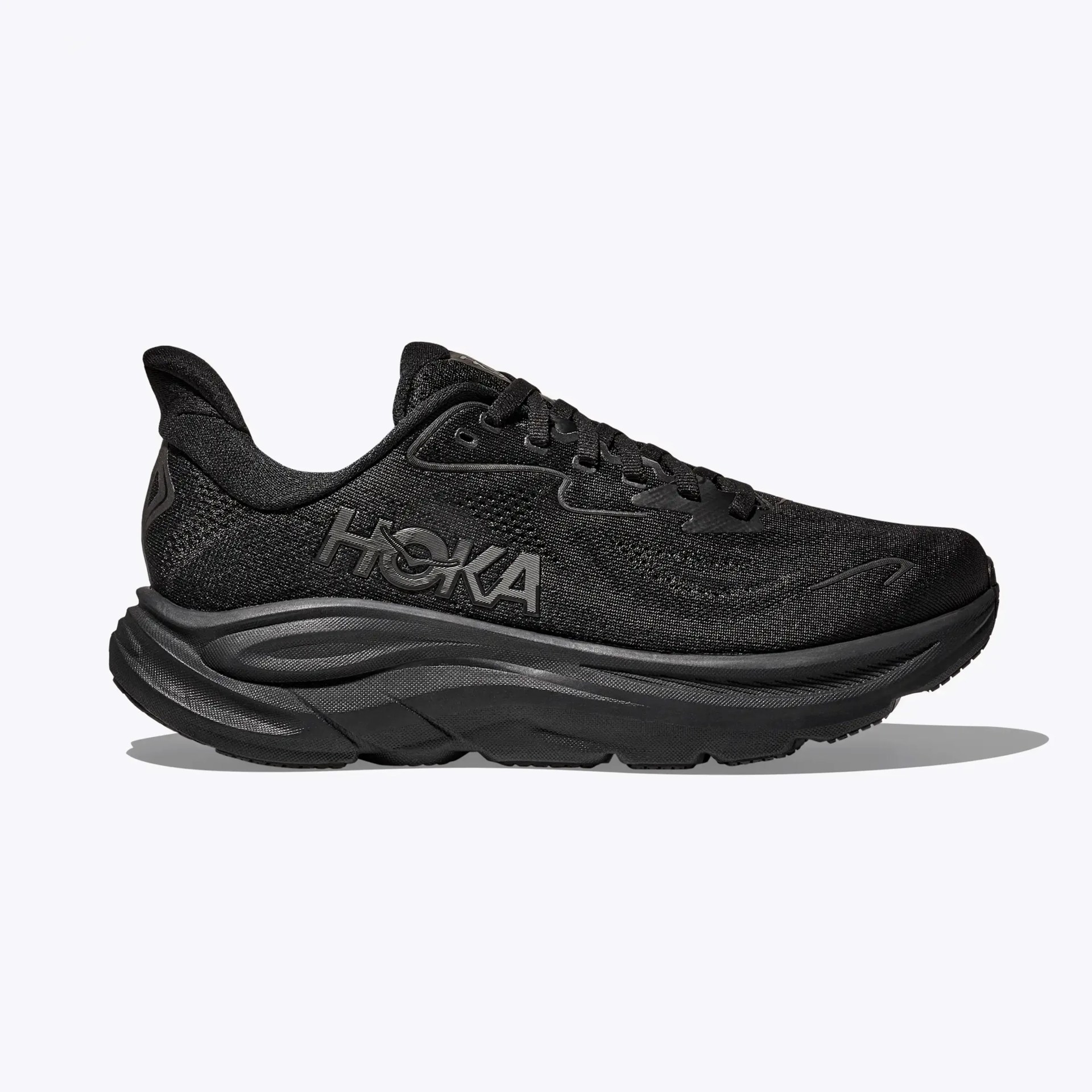 Black Hoka running shoe with textured fabric upper and thick cushioned sole.
