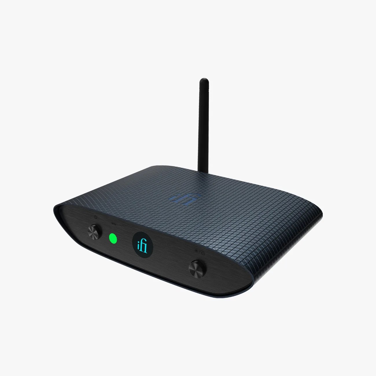 Black wireless audio device with textured top, two control knobs, antenna, and illuminated 