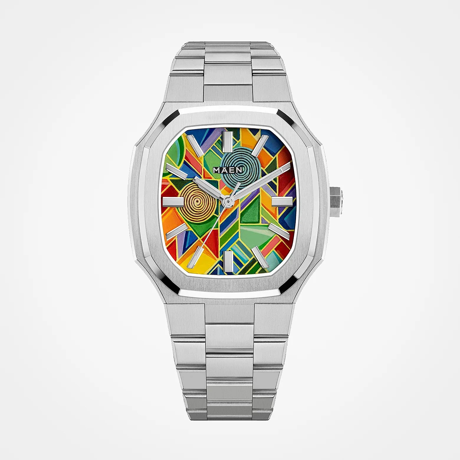 Silver metal wristwatch with a colorful geometric patterned dial and silver hour markers and hands.