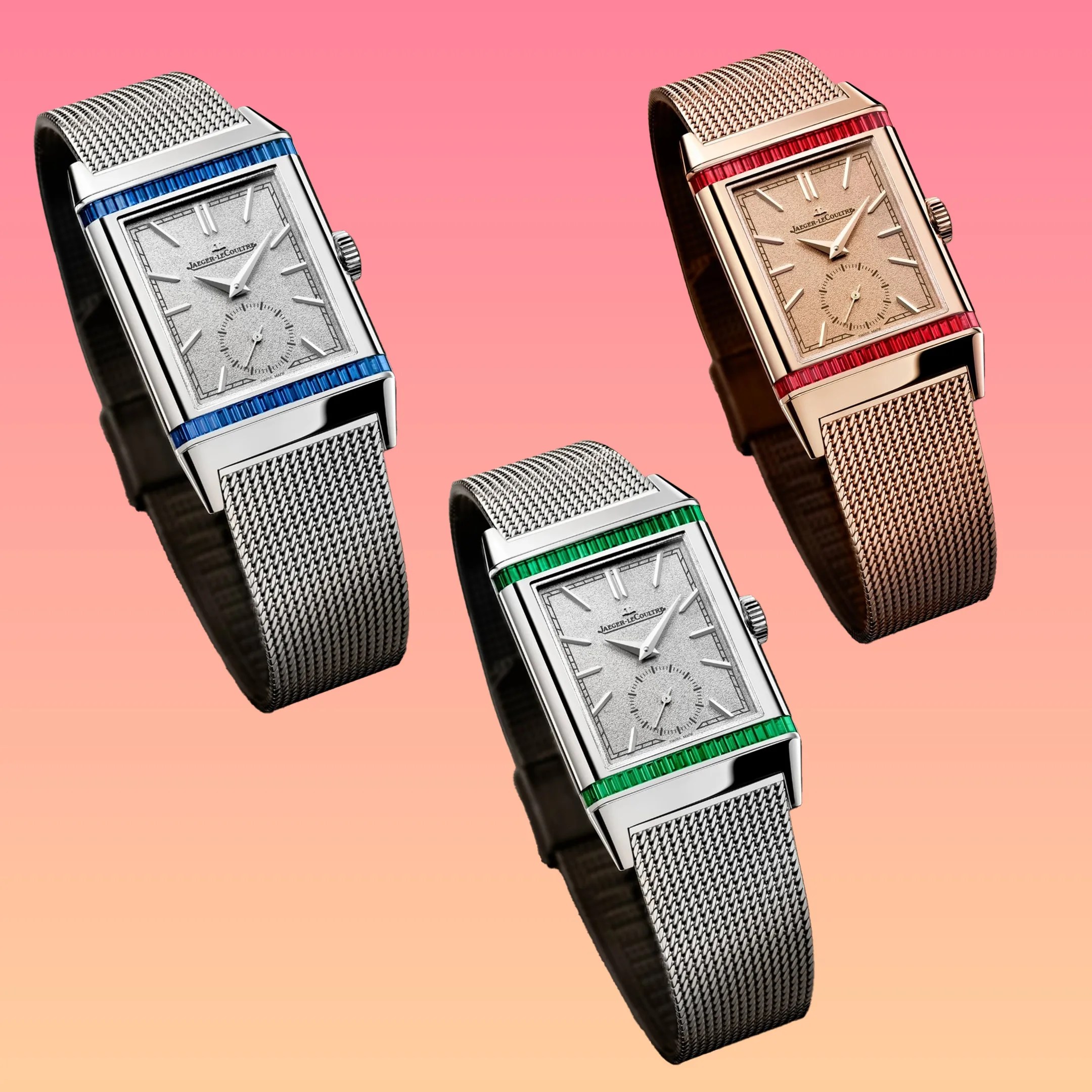 Three rectangular Jaeger-LeCoultre watches with mesh metal bands, featuring blue, green, and red accents on a gradient pink background.