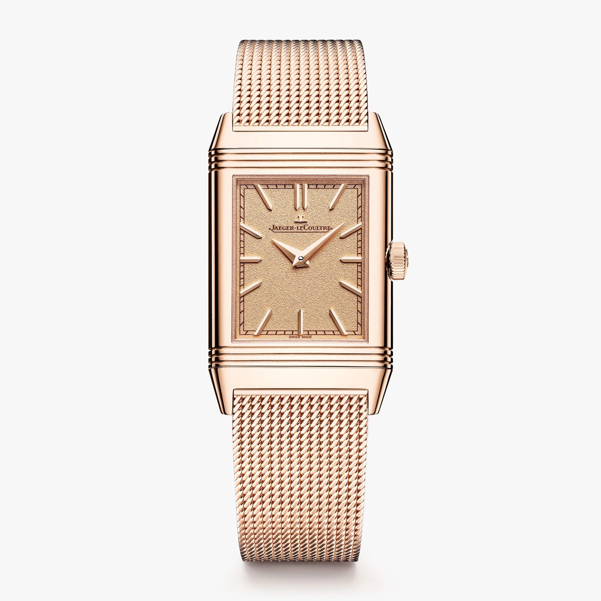 Rectangular rose gold Jaeger-LeCoultre watch with textured dial and mesh bracelet.