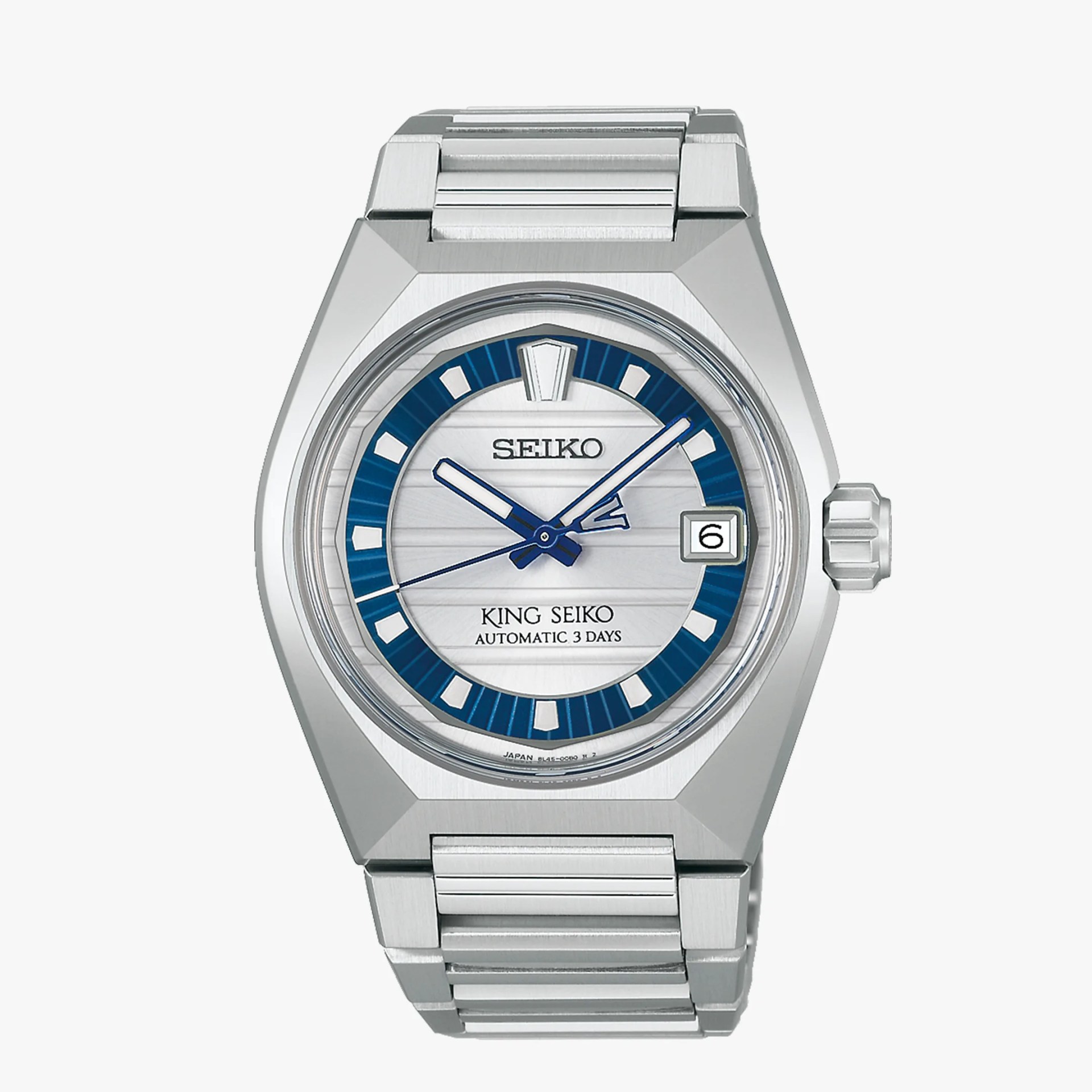 Silver stainless steel Seiko King Seiko watch with blue accents and date display at 3 o'clock.