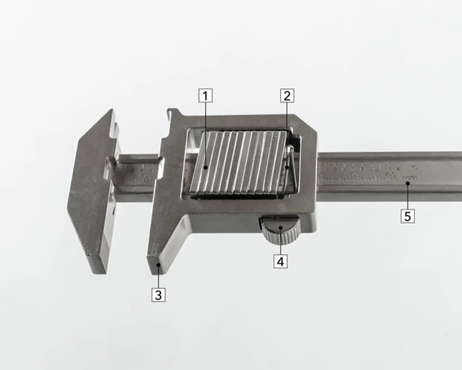 Close-up of a stainless steel caliper with numbered labels on various parts against a white background.