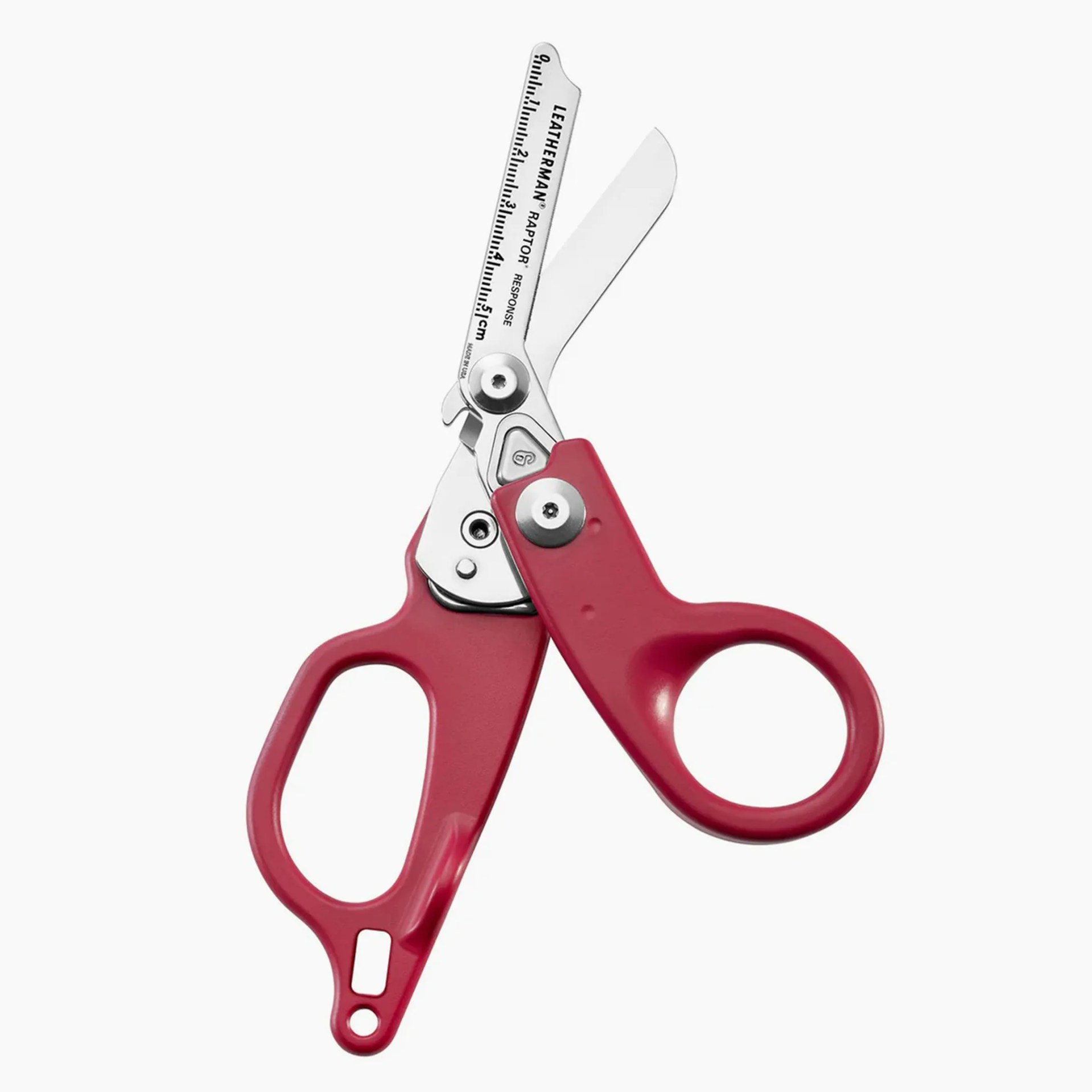 Red-handled Leatherman Raptor Response scissors with a built-in ruler on one blade.