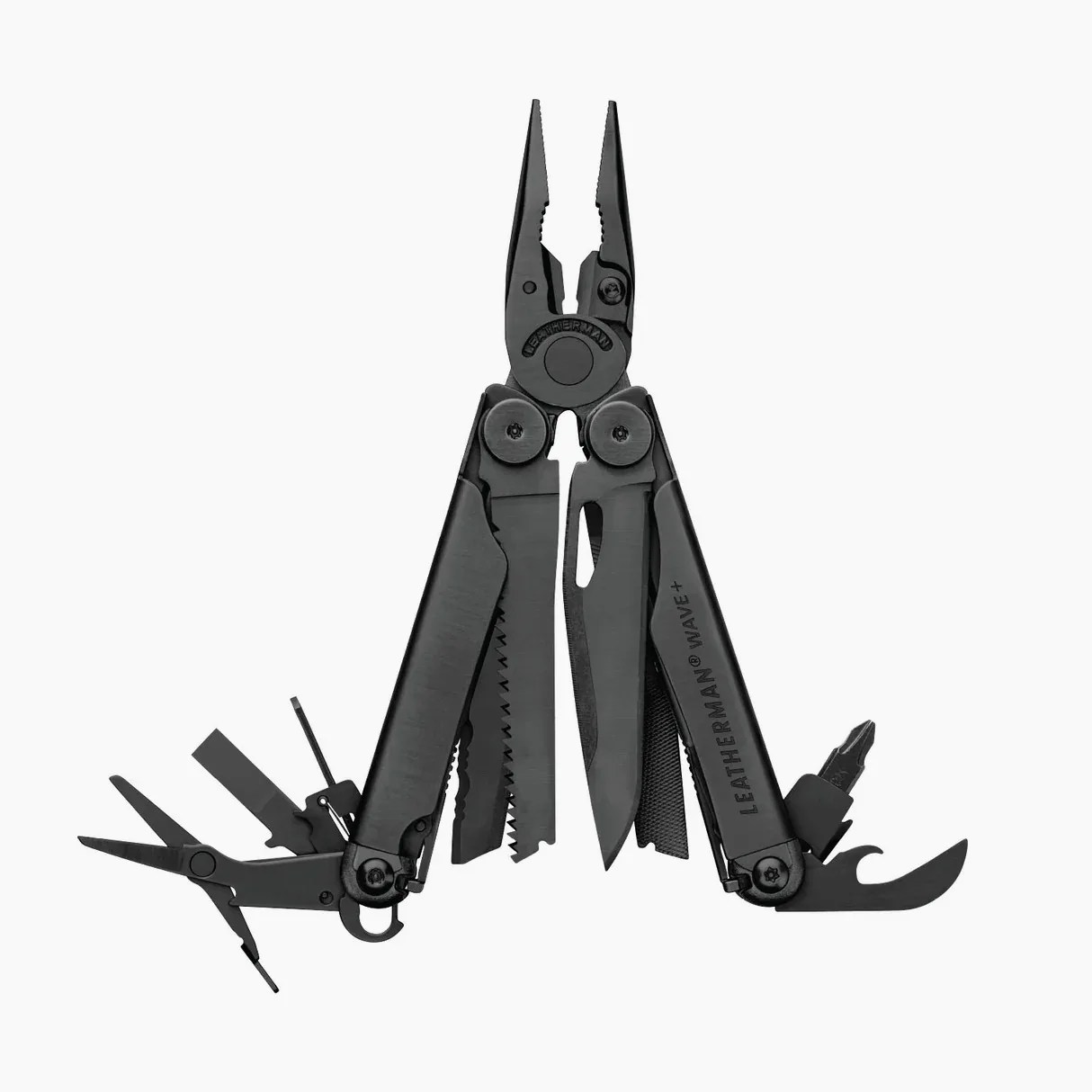 Black Leatherman Wave+ multi-tool with pliers, knife, saw, scissors, and other fold-out tools.