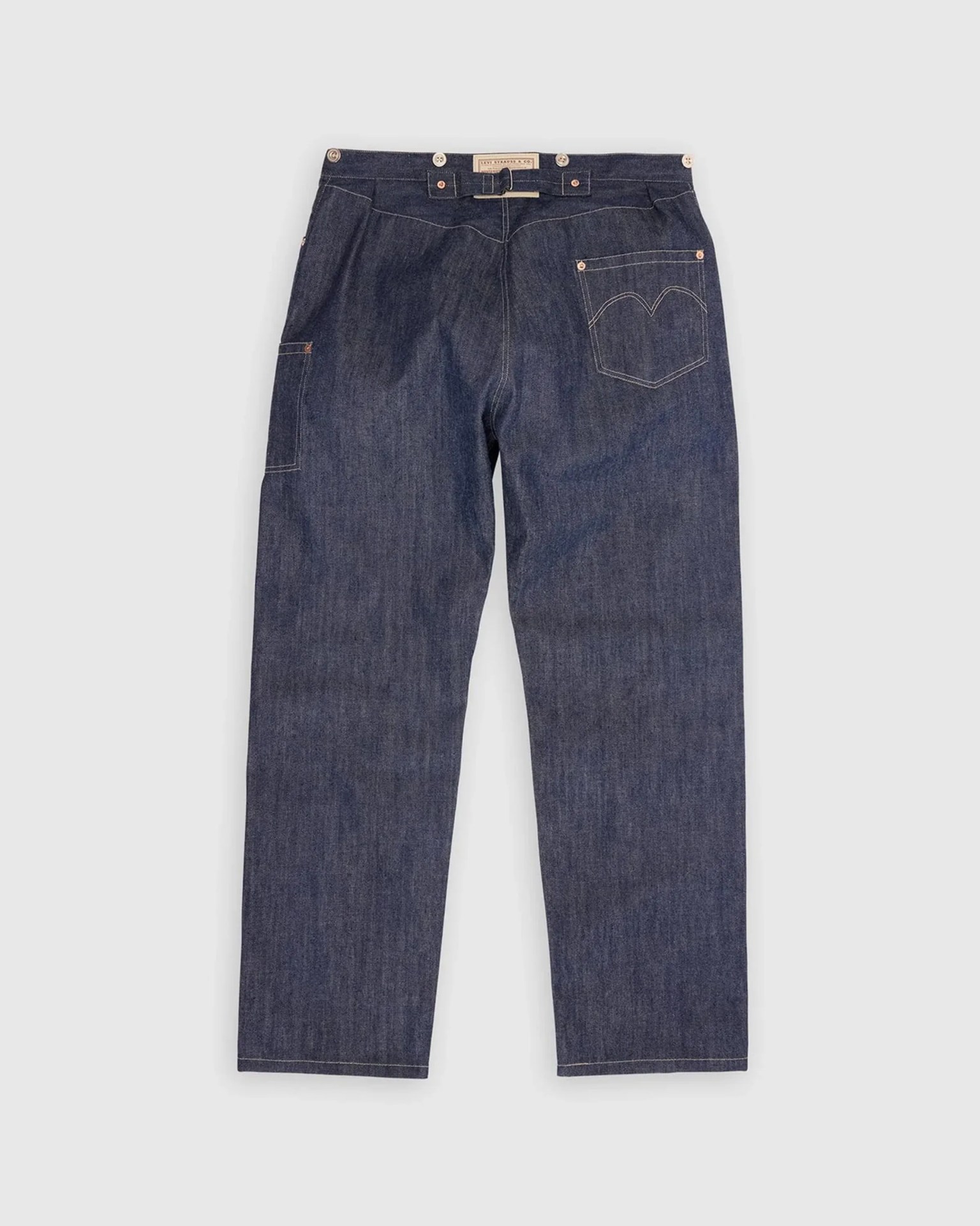 Dark blue denim pants with a back pocket and adjustable buckle strap at the waistband.