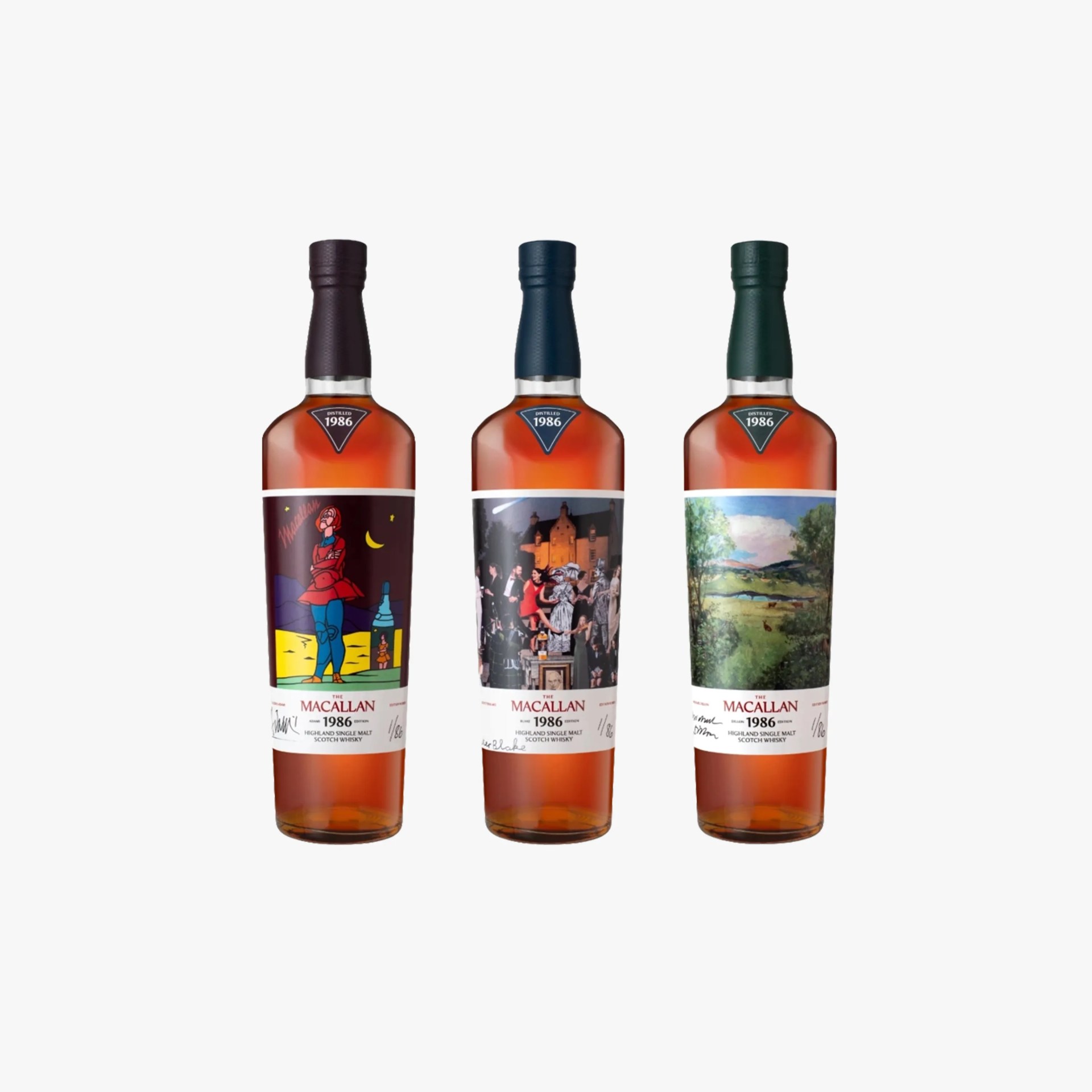 Three bottles of The Macallan 1986 Highland Single Malt Scotch Whisky with colorful illustrated labels and dark caps.