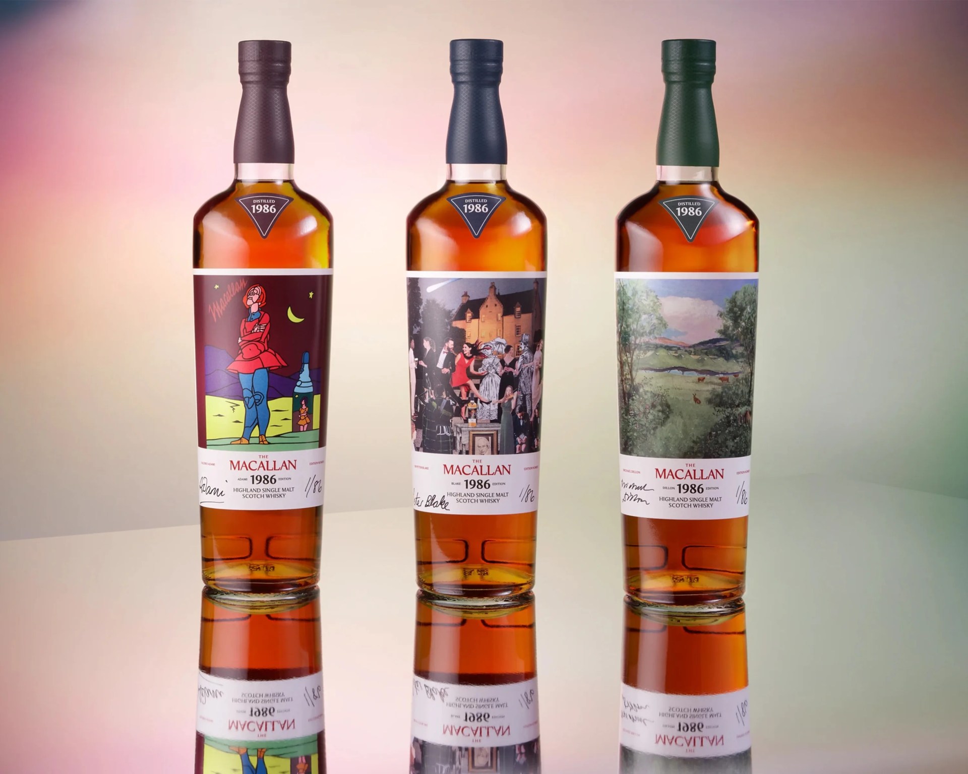 Three bottles of The Macallan 1986 Highland Single Malt Scotch Whisky with distinct illustrated labels and colored caps, reflected on a glossy surface.