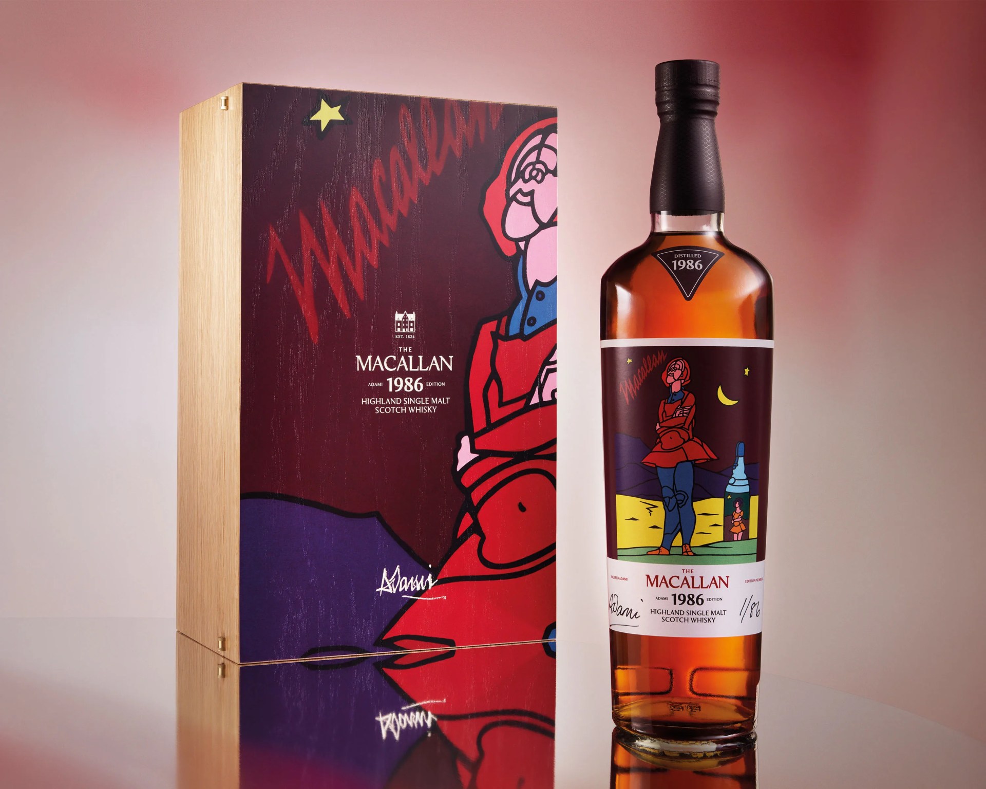 Bottle of The Macallan 1986 Highland Single Malt Scotch Whisky with colorful illustrated label next to matching wooden box.