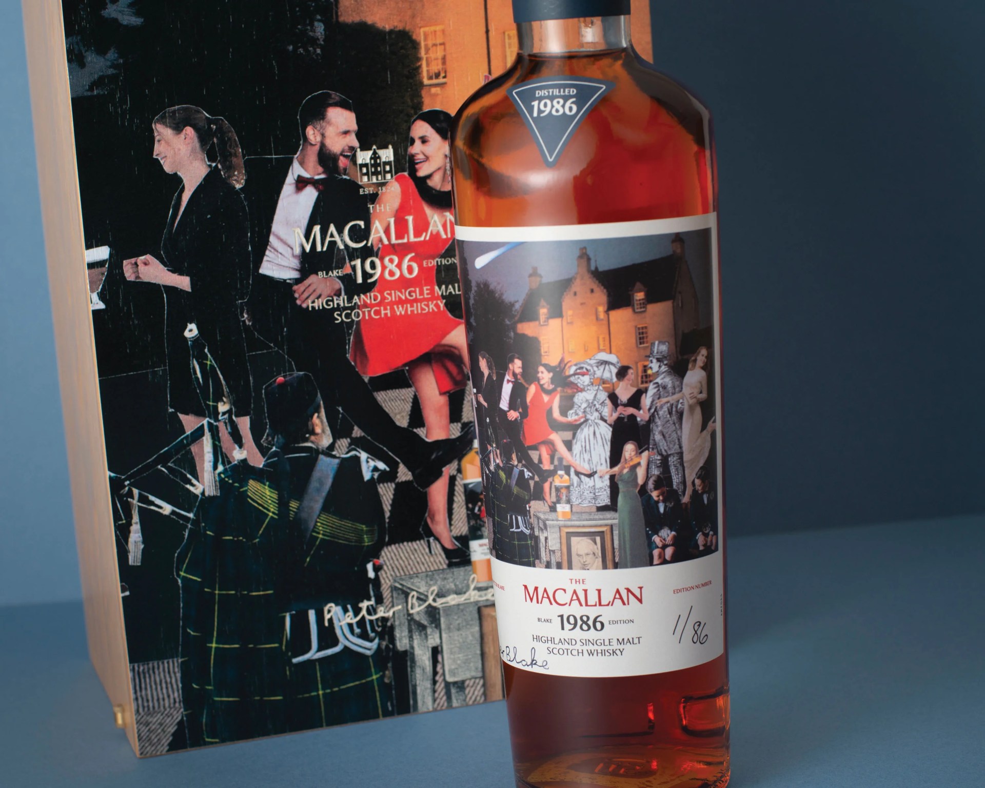 Bottle of The Macallan 1986 Highland Single Malt Scotch Whisky with illustrated label and matching box in the background.