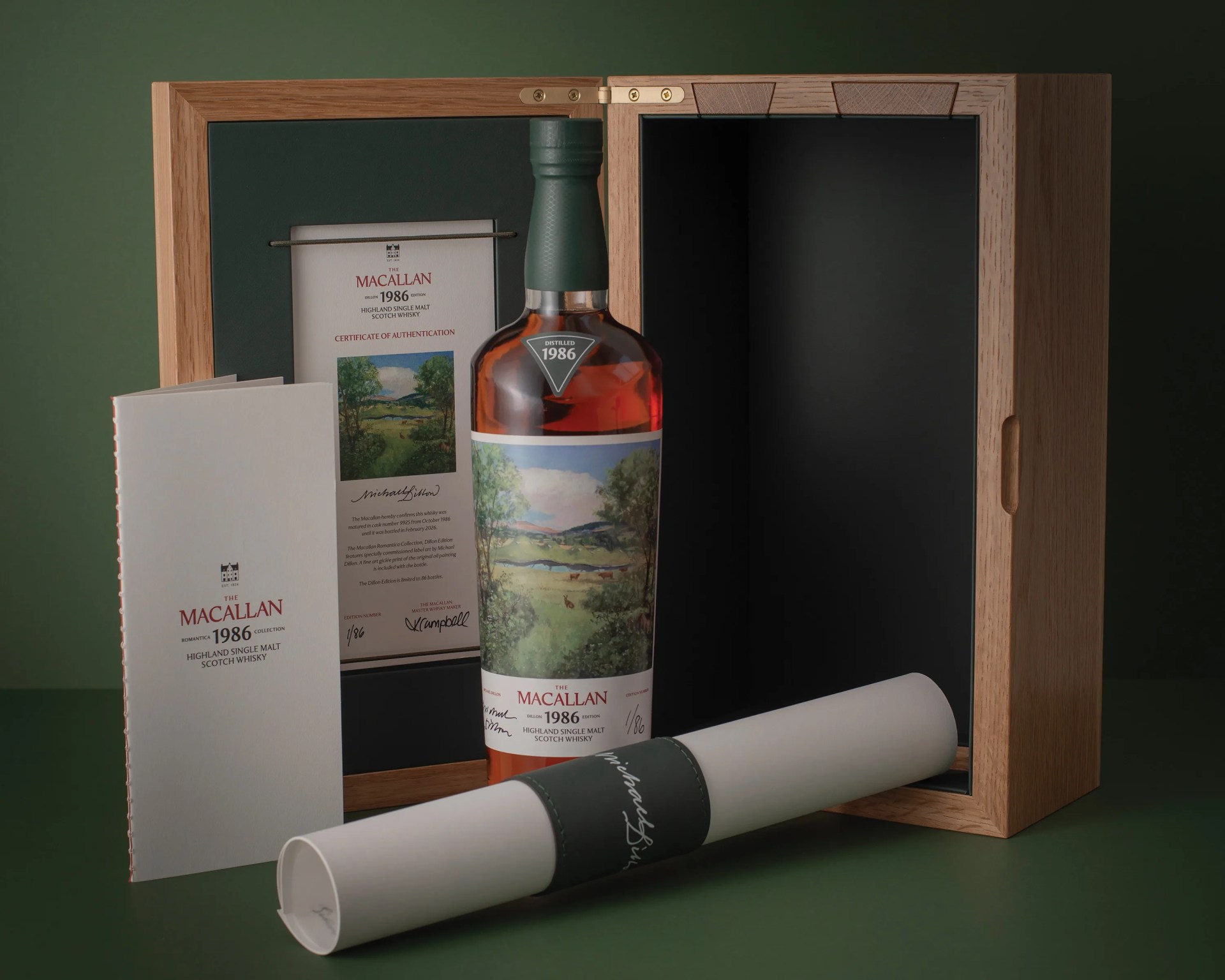 Bottle of The Macallan 1986 Highland Single Malt Scotch Whisky in wooden box with certificate and rolled paper.