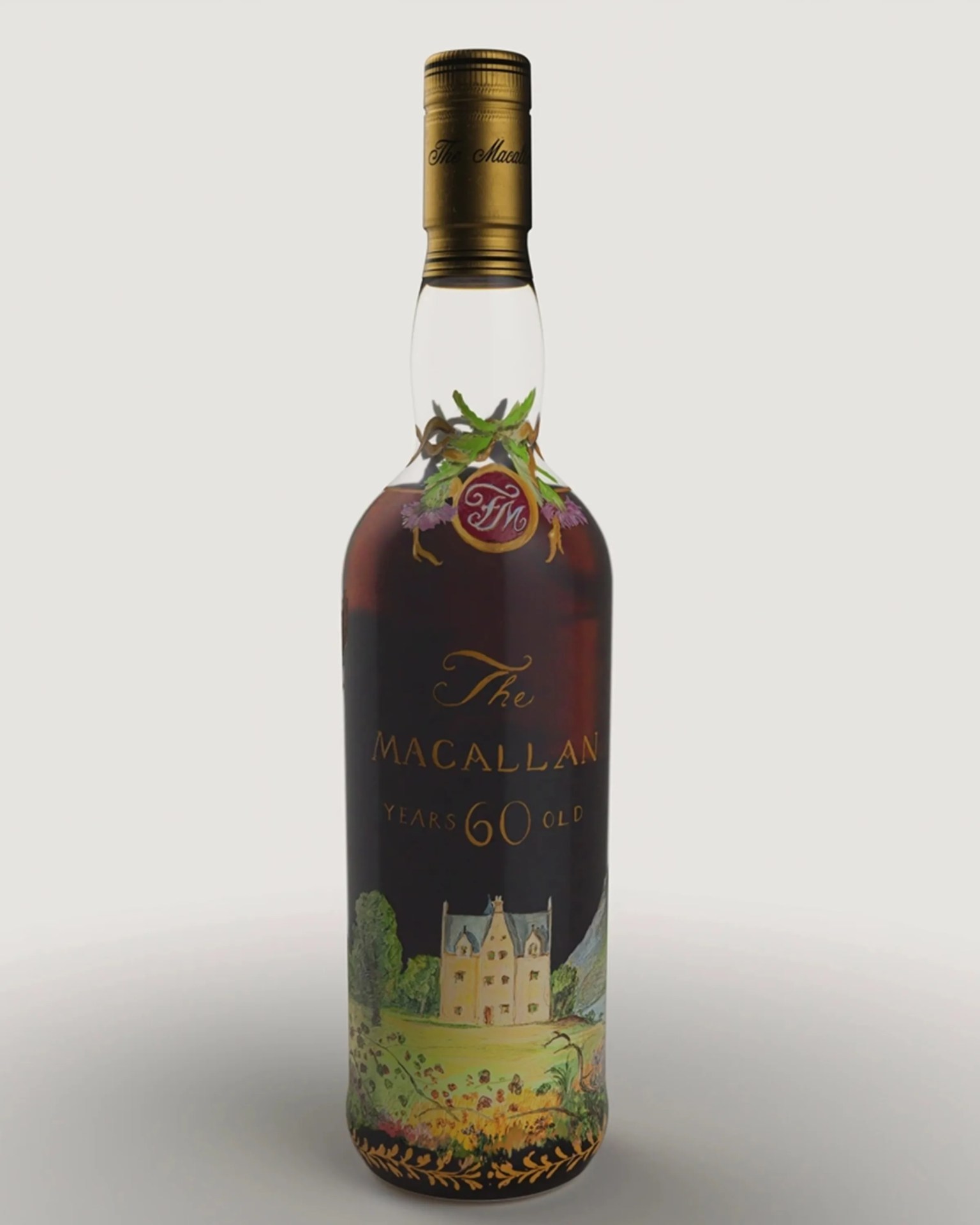 Dark amber bottle of The Macallan 60 years old whisky with a painted label of a countryside estate and floral decoration near the neck.