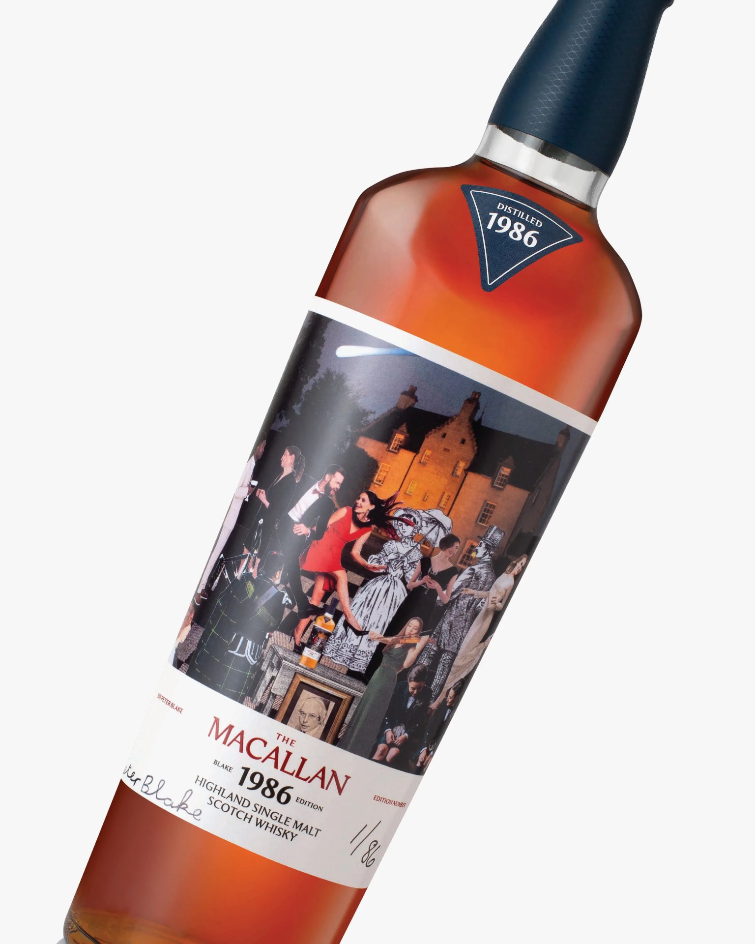 Bottle of The Macallan 1986 Highland Single Malt Scotch Whisky with a detailed illustrated label and blue cap.