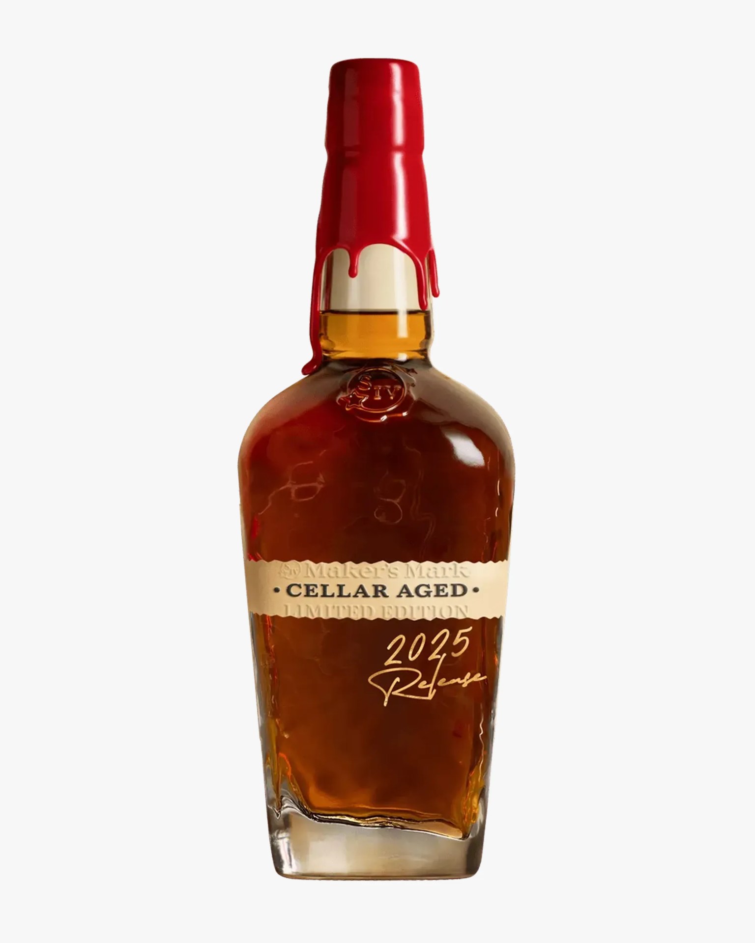 Amber whiskey bottle with red wax seal and label reading "Cellar Aged Limited Edition 2025 Release.