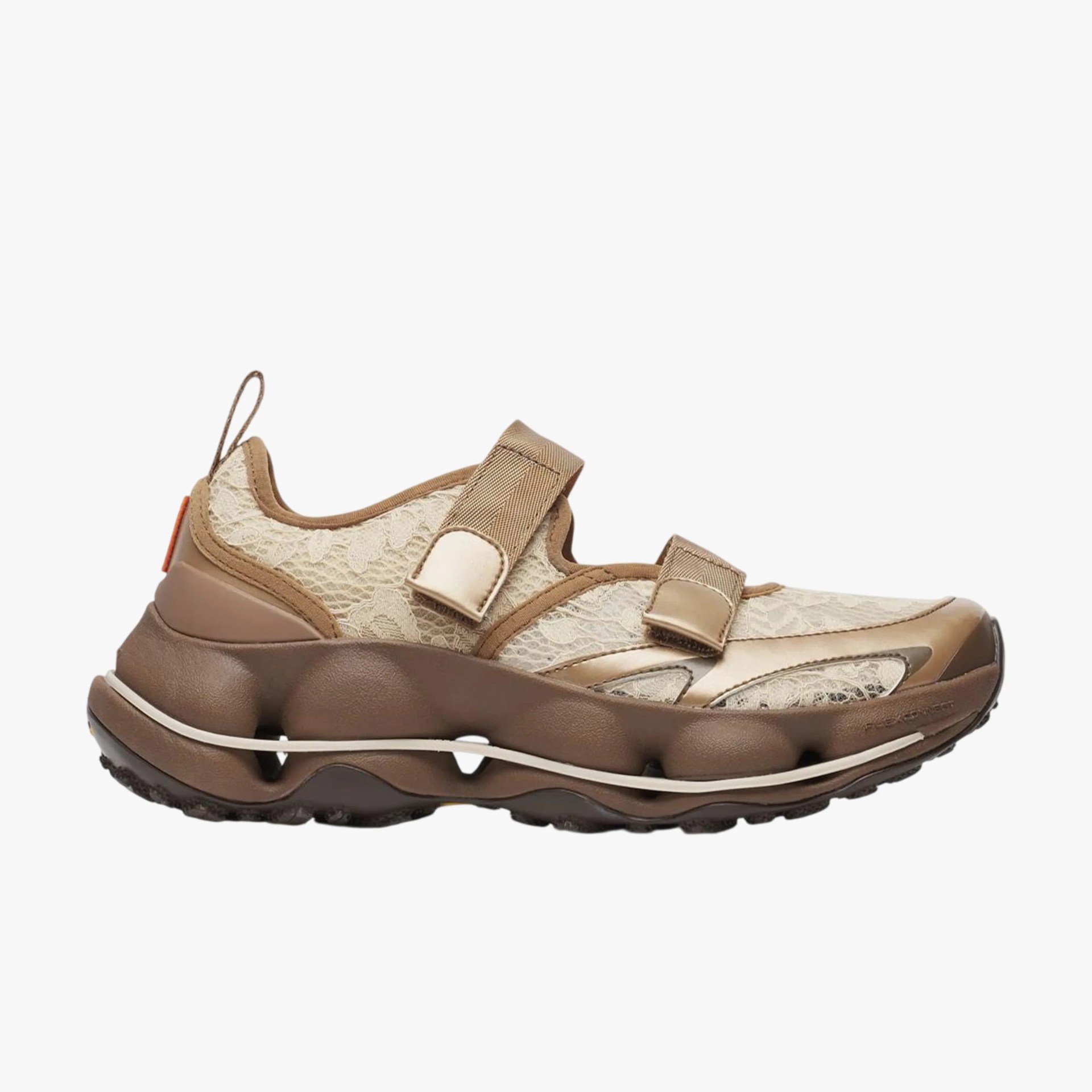 Chunky brown sneaker with beige lace mesh upper and two adjustable straps.