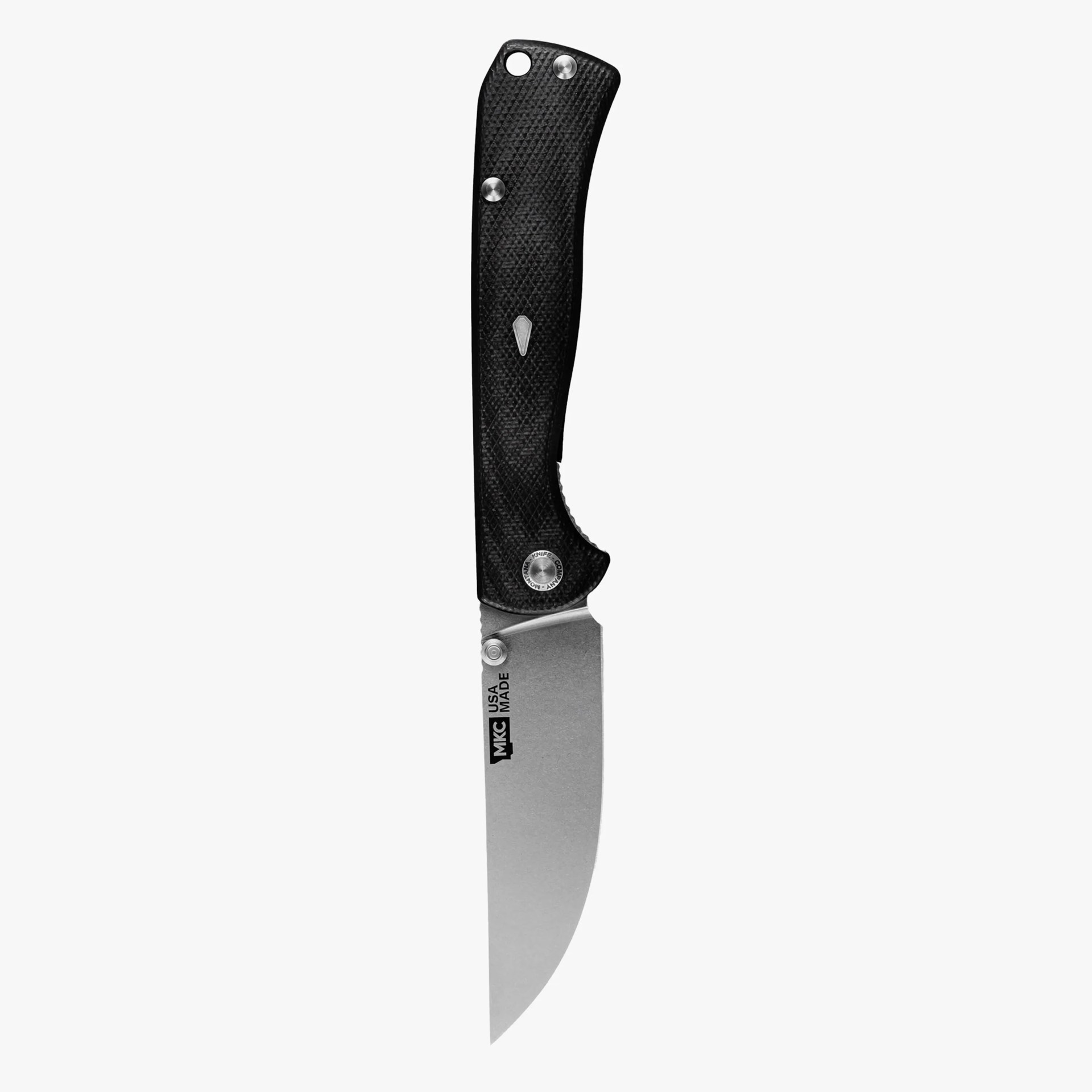 Knife with a black textured handle and a partially visible stainless steel blade marked "MKC USA MADE.