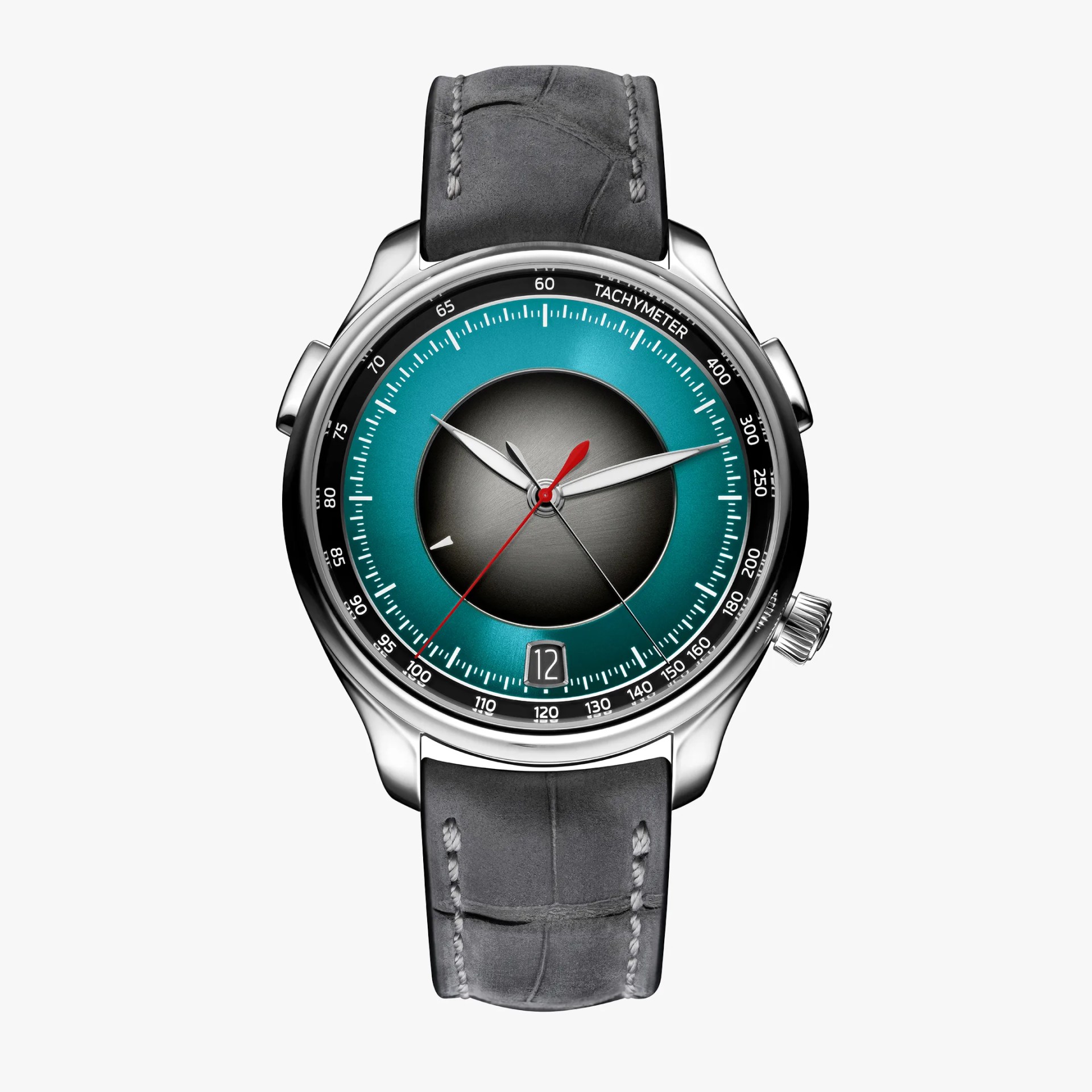 Silver watch with turquoise and black dial, red second hand, date window, and gray leather strap.