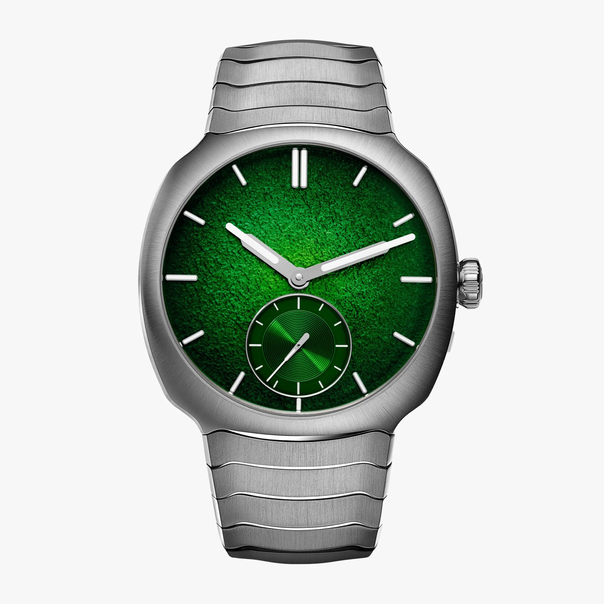 Silver metal wristwatch with a textured green dial and a small seconds subdial at 6 o'clock.
