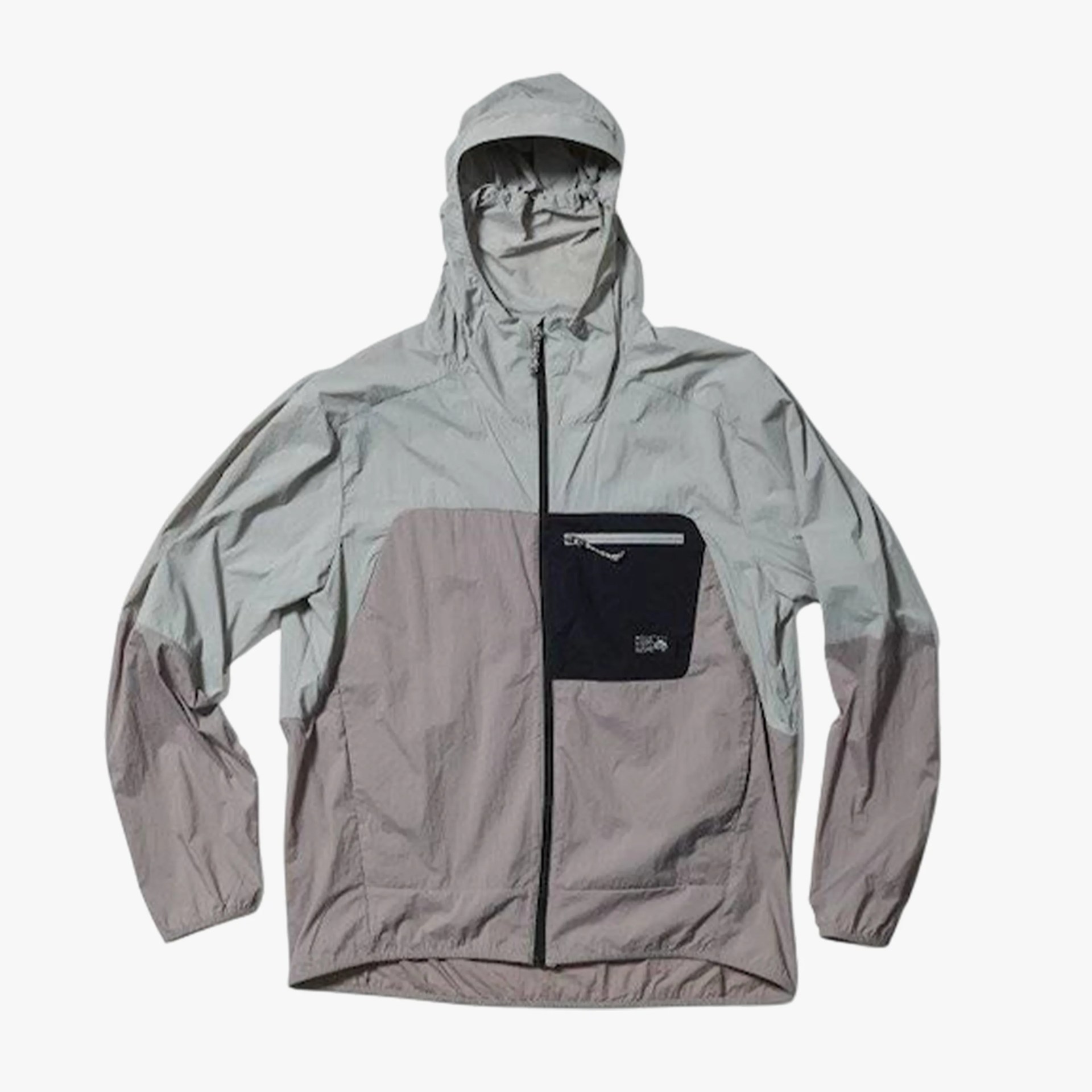 Light gray and beige hooded jacket with black zippered chest pocket and front zipper.