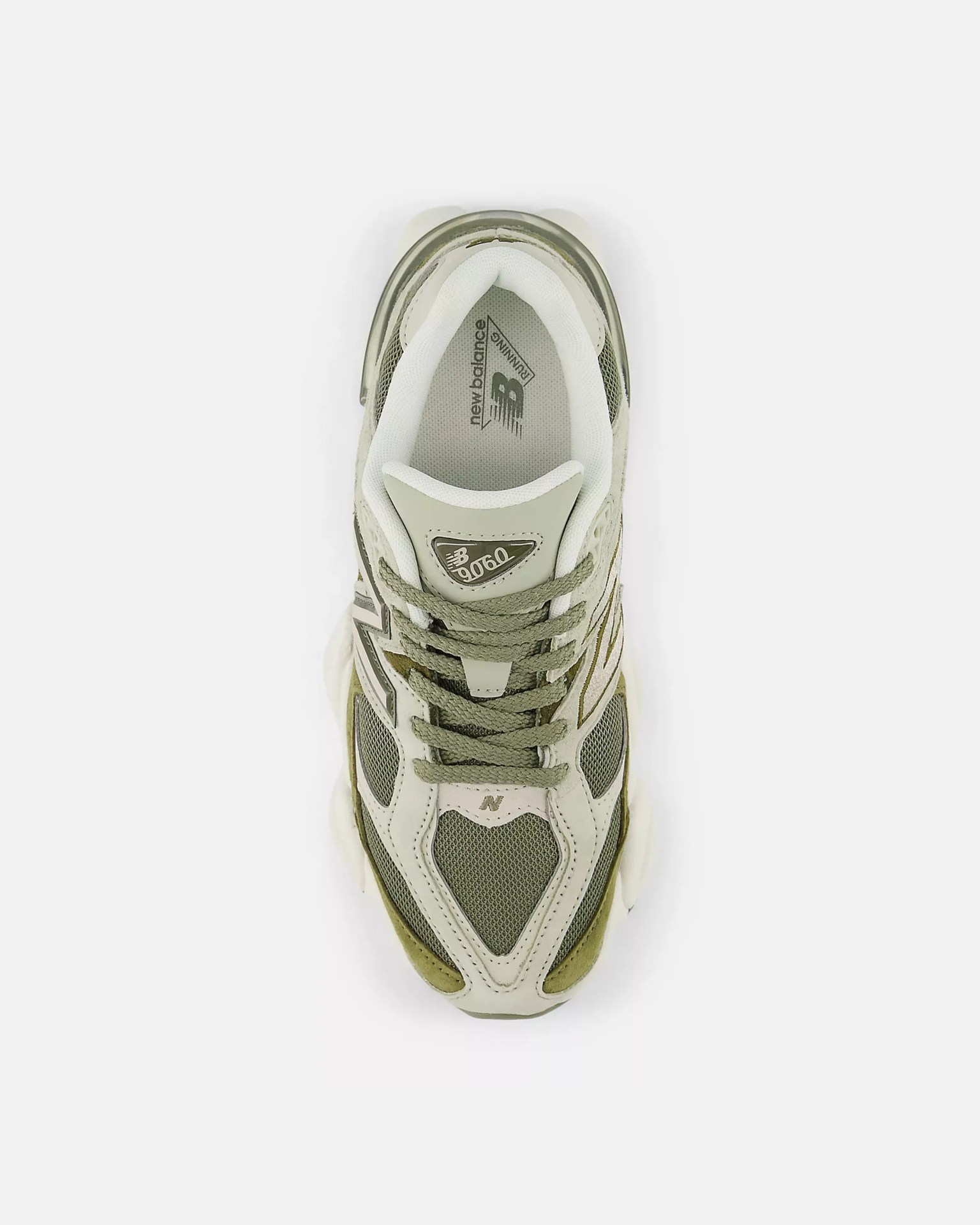 Top view of a New Balance 9060 sneaker in olive green and beige with mesh and leather panels.