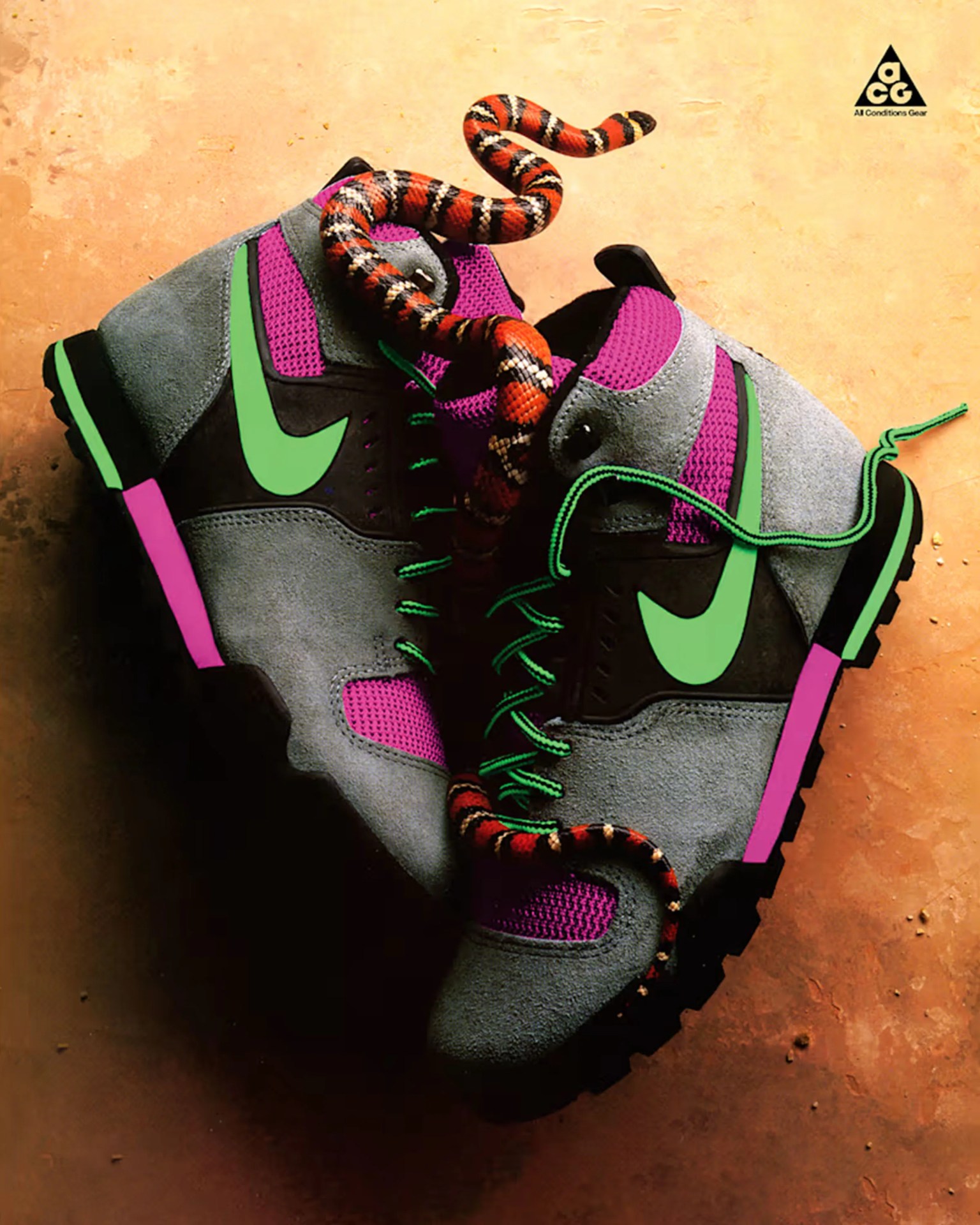 Pair of grey and purple Nike ACG sneakers with green swooshes and laces, with a red and black snake coiled on them.