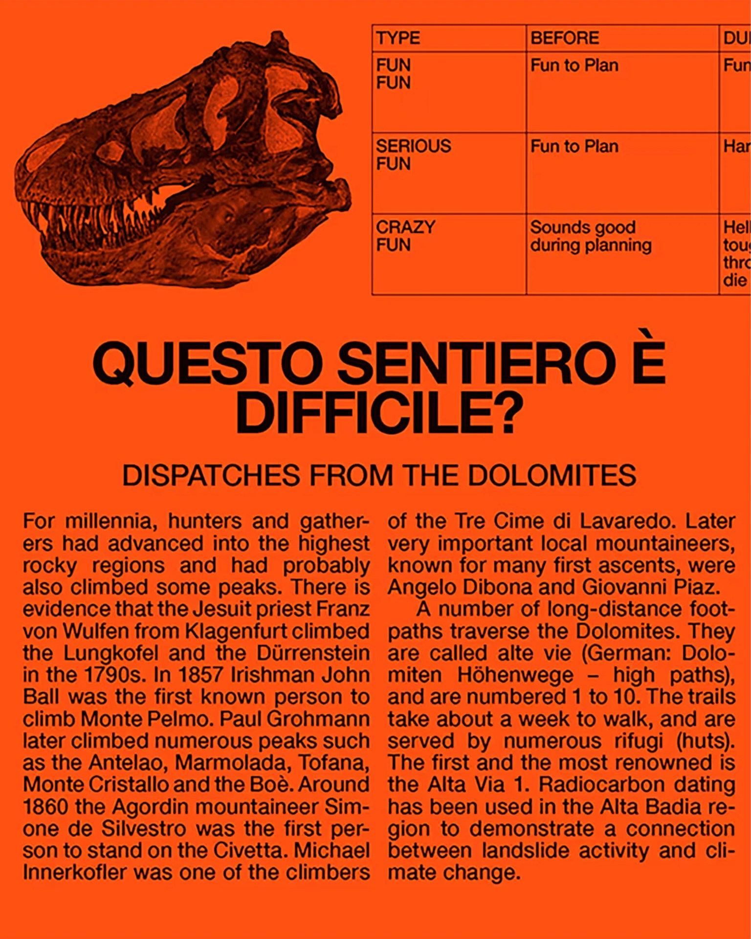 Orange background with a dinosaur skull illustration, a difficulty chart, and Italian text about the Dolomites.
