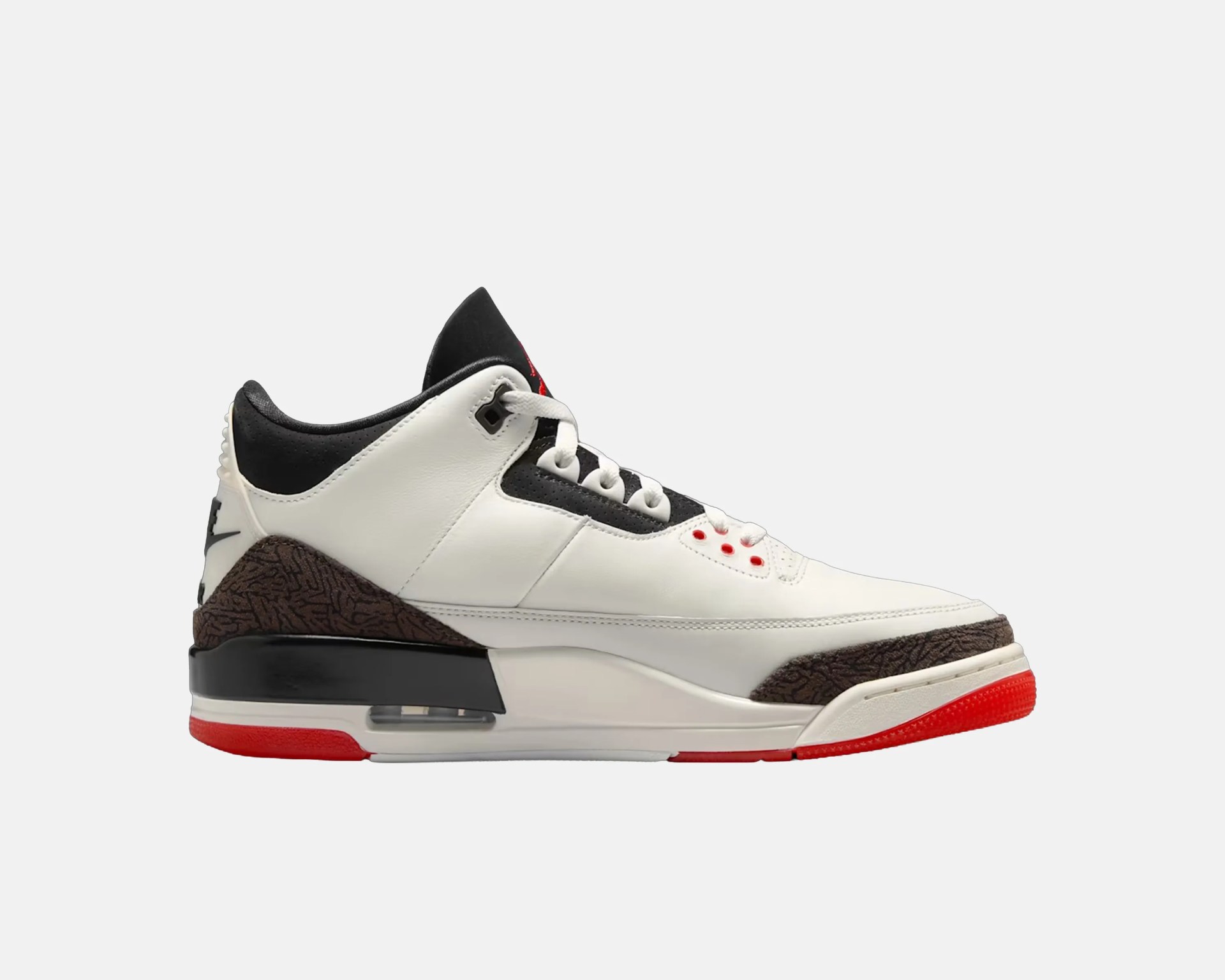 White, black, and red Air Jordan 3 sneaker with elephant print accents and visible air sole unit.