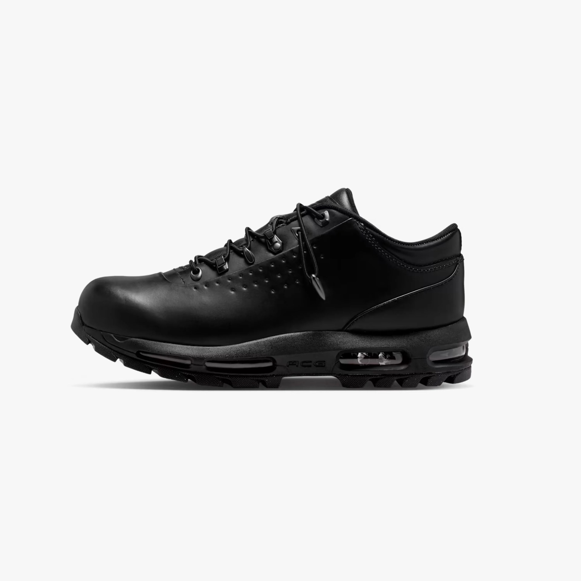 Black leather hiking shoe with rugged sole and visible air cushioning in the midsole.