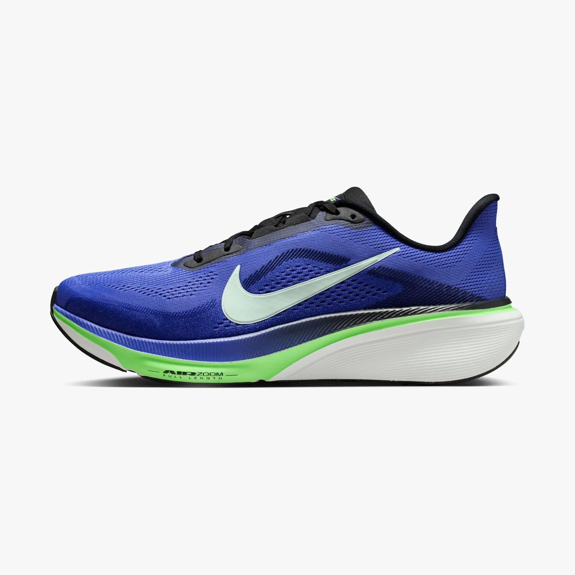 Blue Nike running shoe with black laces, light green swoosh, and green and white sole.