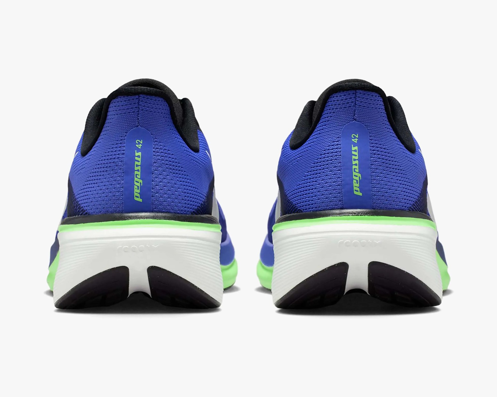 Pair of blue Nike Pegasus 42 running shoes viewed from the back with white midsoles and green accents.