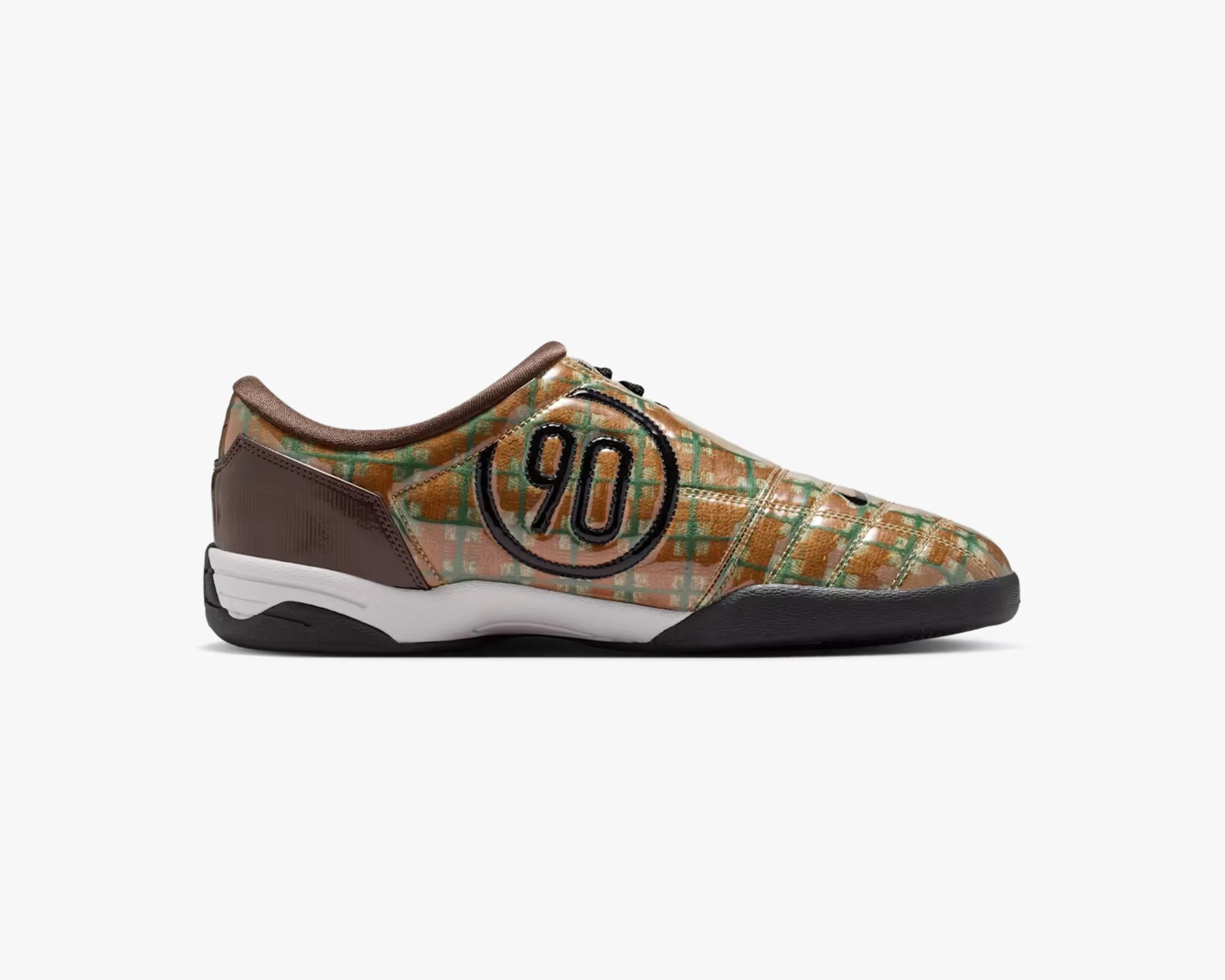 Brown and green plaid sneaker with black "90" logo and white midsole.