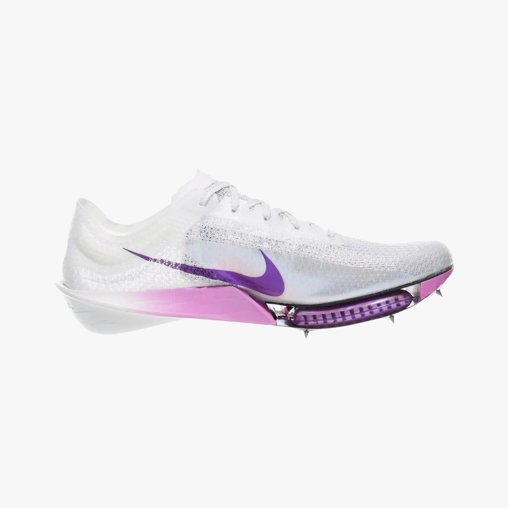 White and translucent Nike running spike shoe with purple swoosh and pink sole plate with spikes.