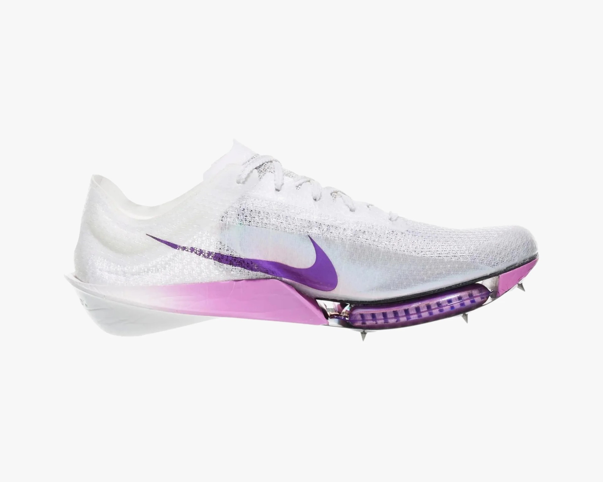 White Nike running spike shoe with purple swoosh and pink sole plate with metal spikes.
