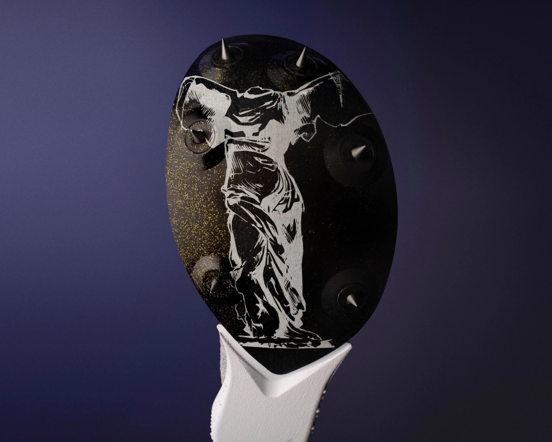 Black golf club head with white illustration of a crucifixion figure and metal spikes, held by a white-gloved hand.