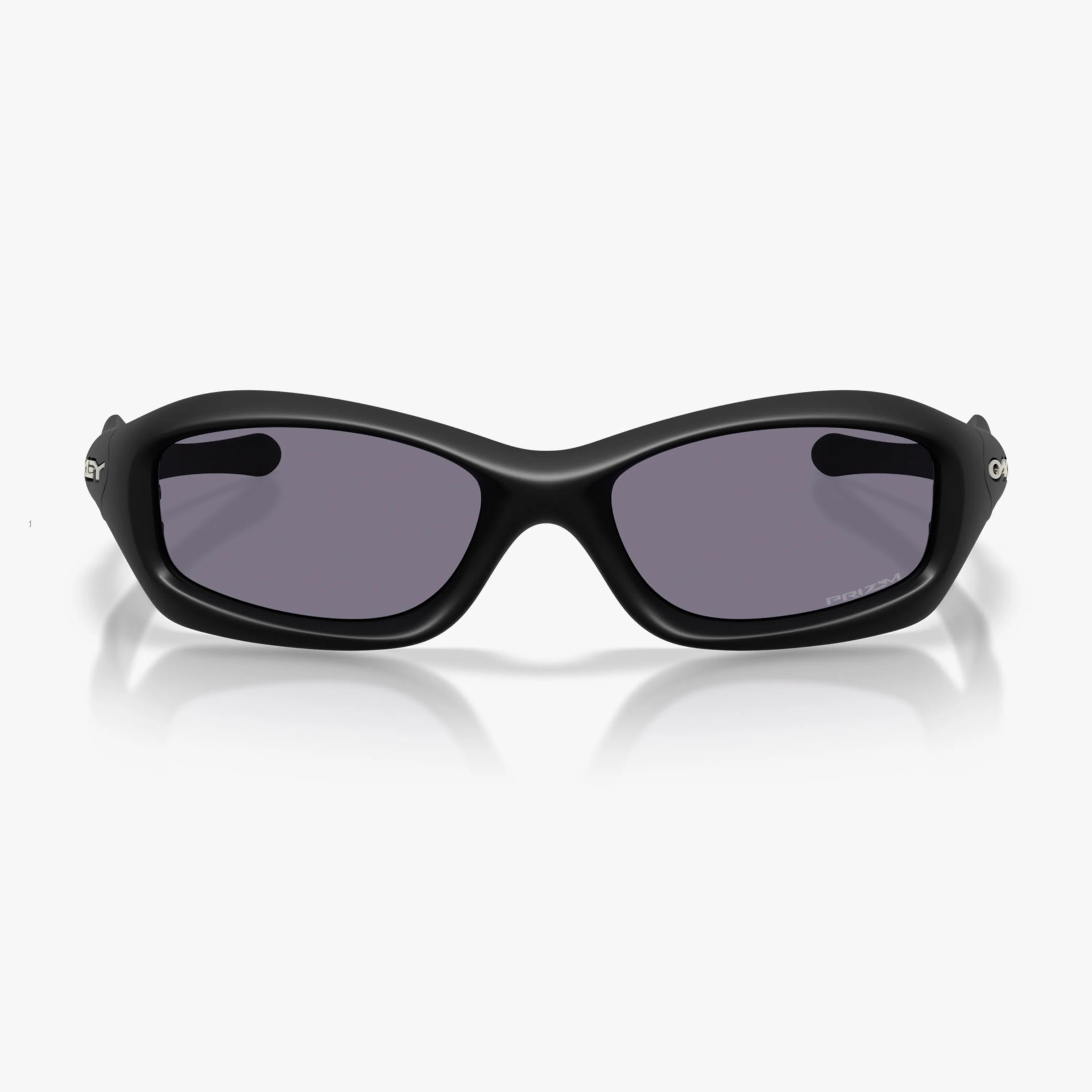Black wraparound sunglasses with thick frames and dark lenses on a white background.
