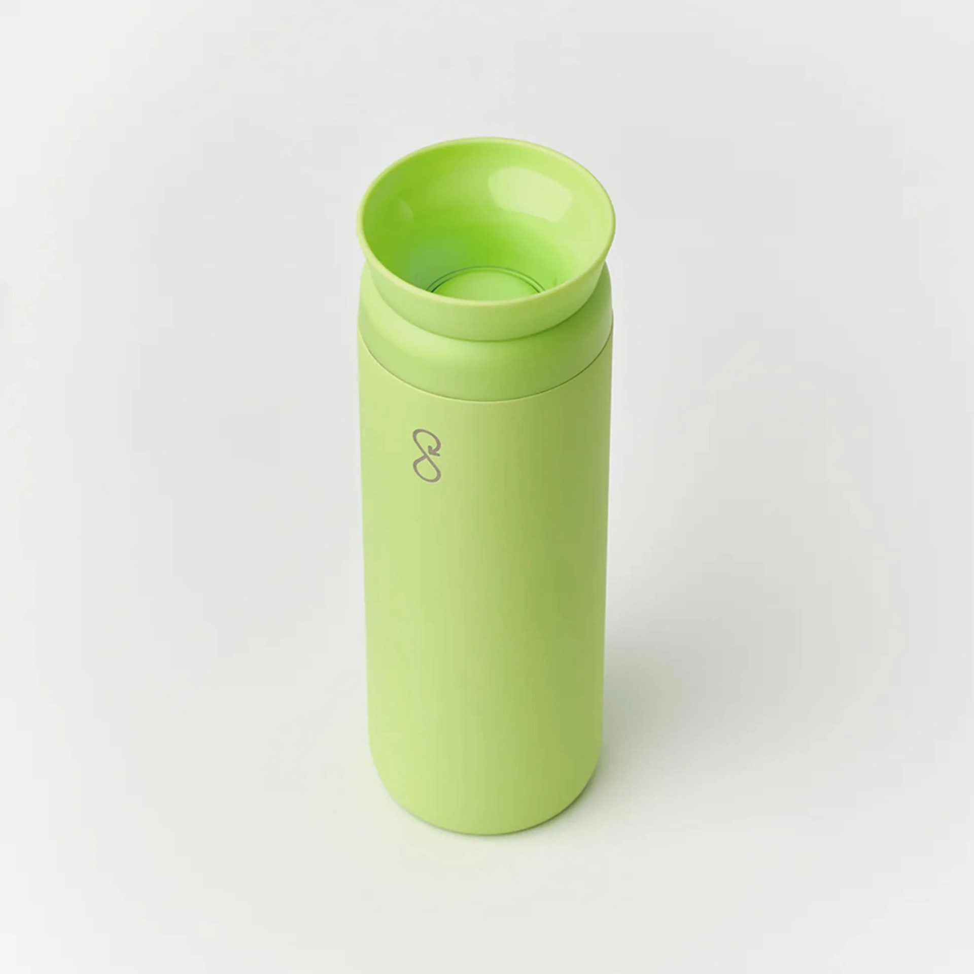 Light green insulated bottle with a matching cup lid on top against a white background.