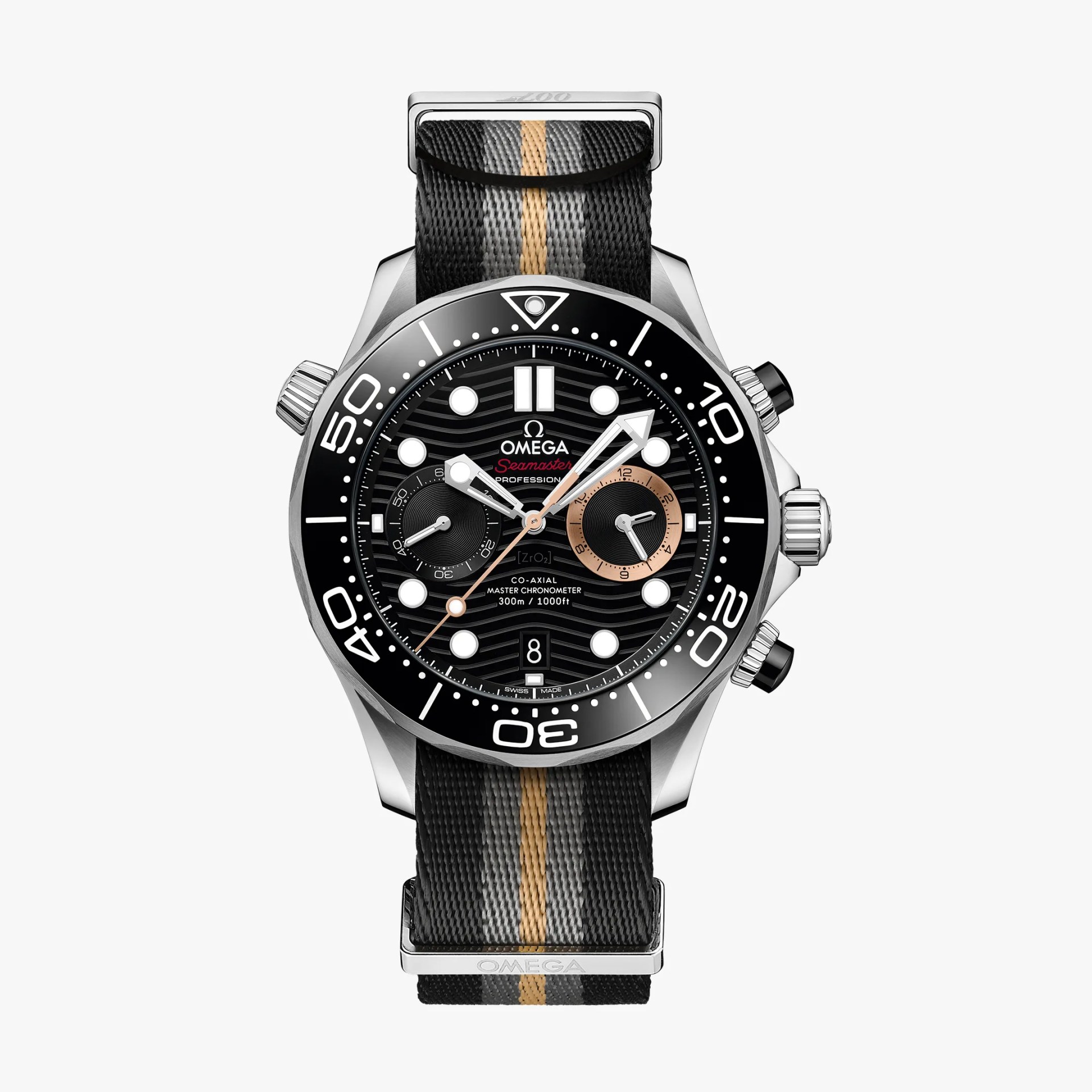 Omega Seamaster Professional chronograph watch with black dial, black bezel, and black fabric strap with gray and tan stripes.