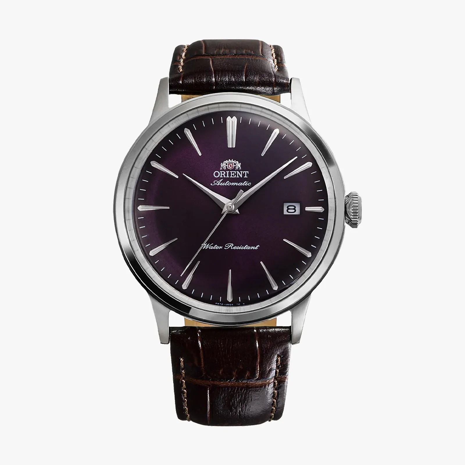 Silver Orient automatic wristwatch with a dark purple dial and brown leather strap.