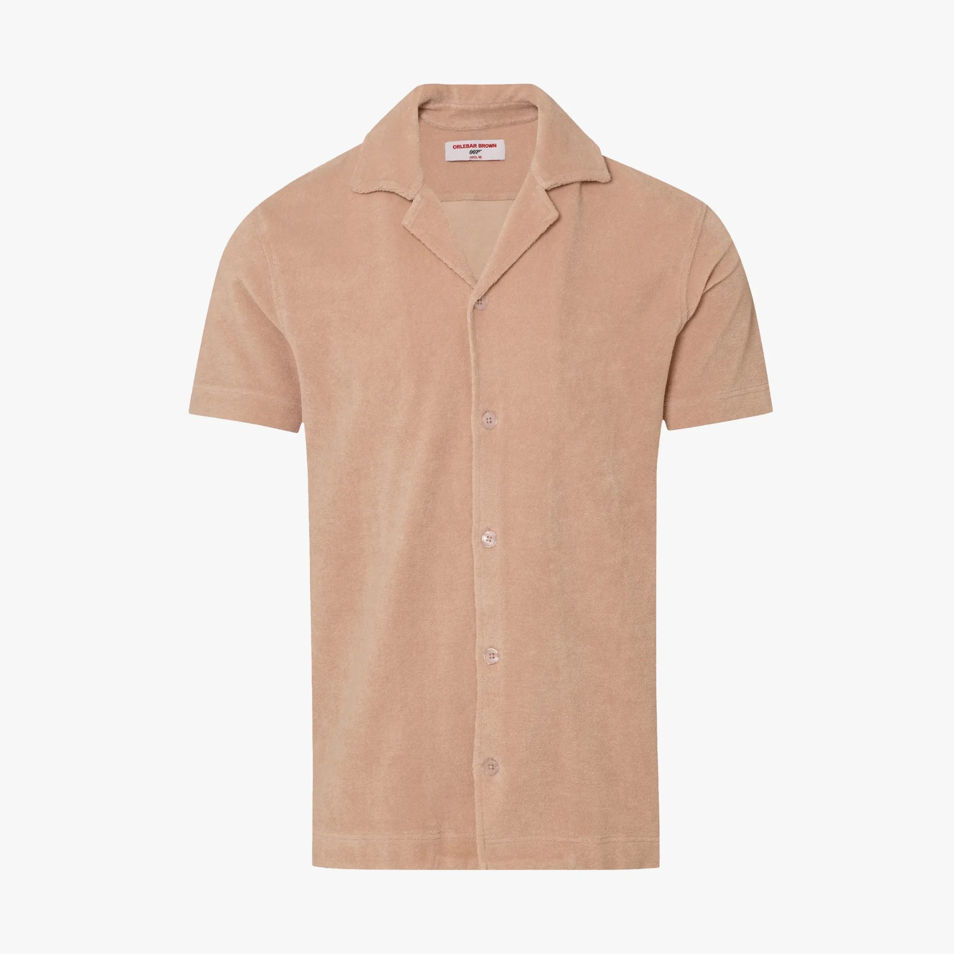 Beige short-sleeve terry cloth button-up shirt with a camp collar.