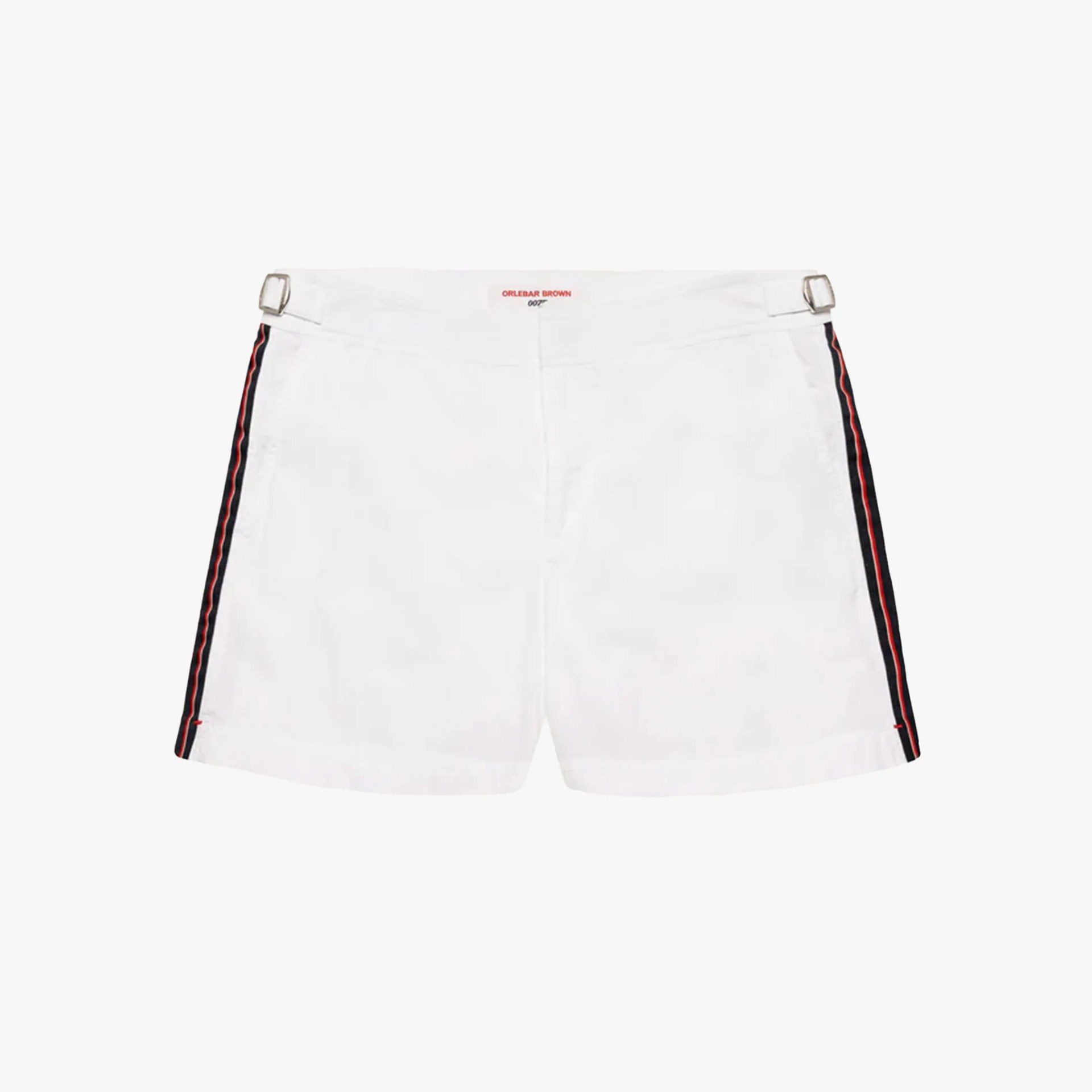 White swim shorts with blue and red side stripes and adjustable silver buckles on the waistband.