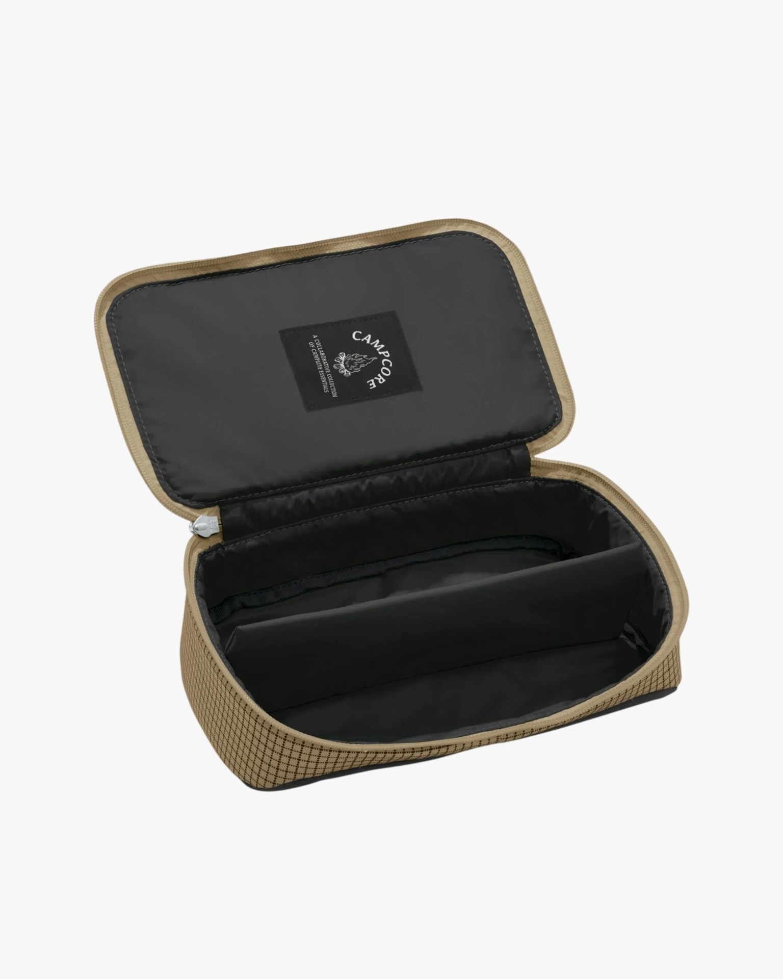 Tan and black rectangular zippered pouch with padded interior and Campcore logo on the inside lid.