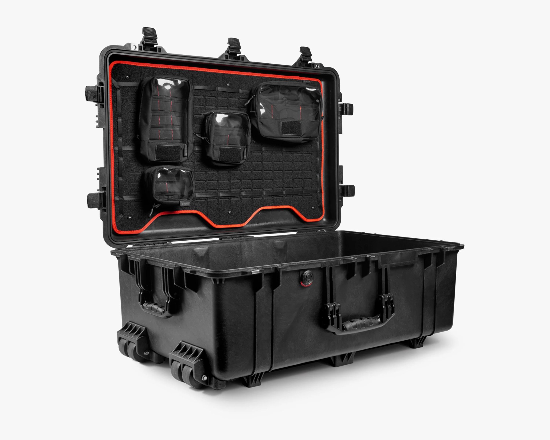 Black hard-shell rolling case with open lid showing four black modular pouches attached inside the lid.