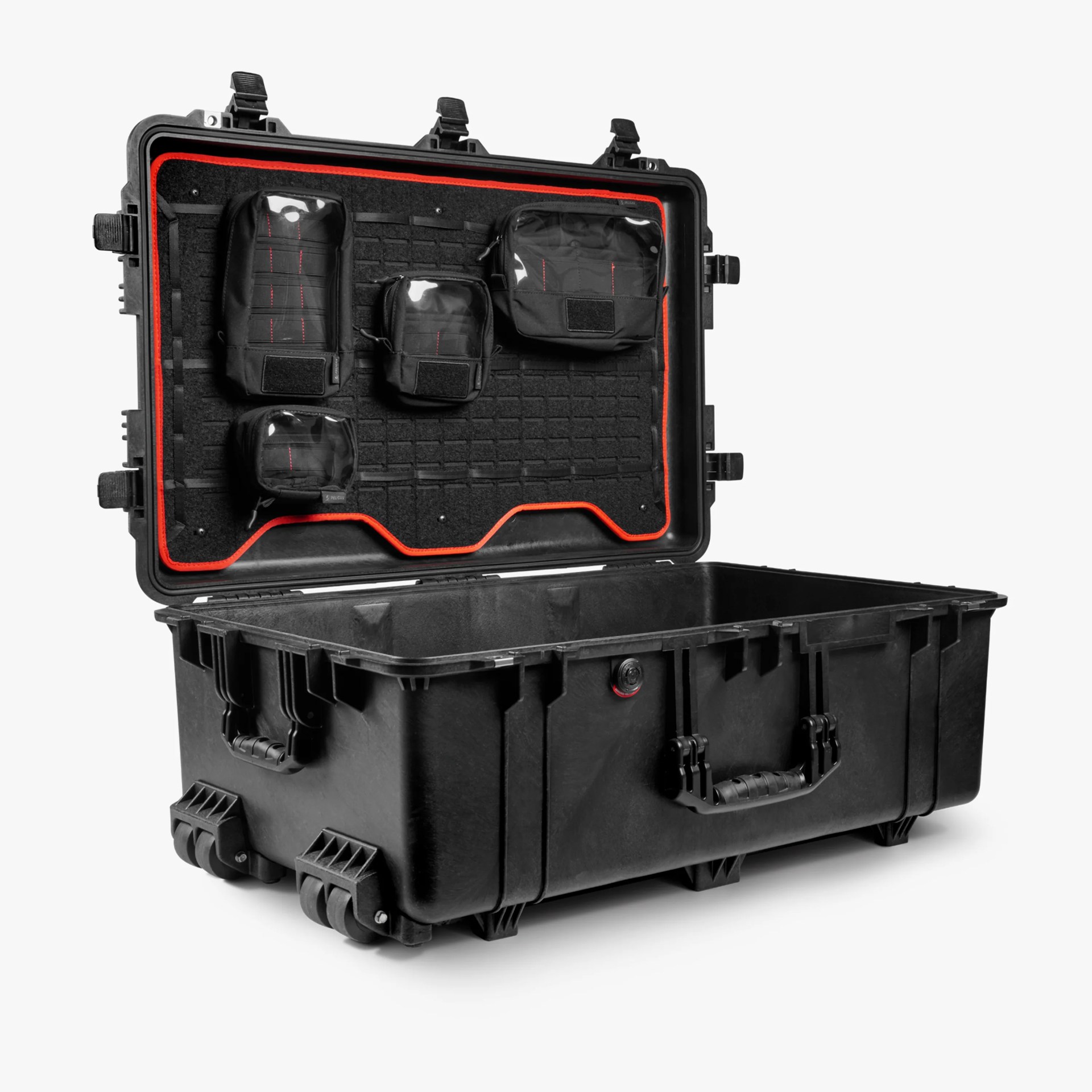Black hard plastic wheeled protective case with open lid showing attached black modular pouches inside the lid.