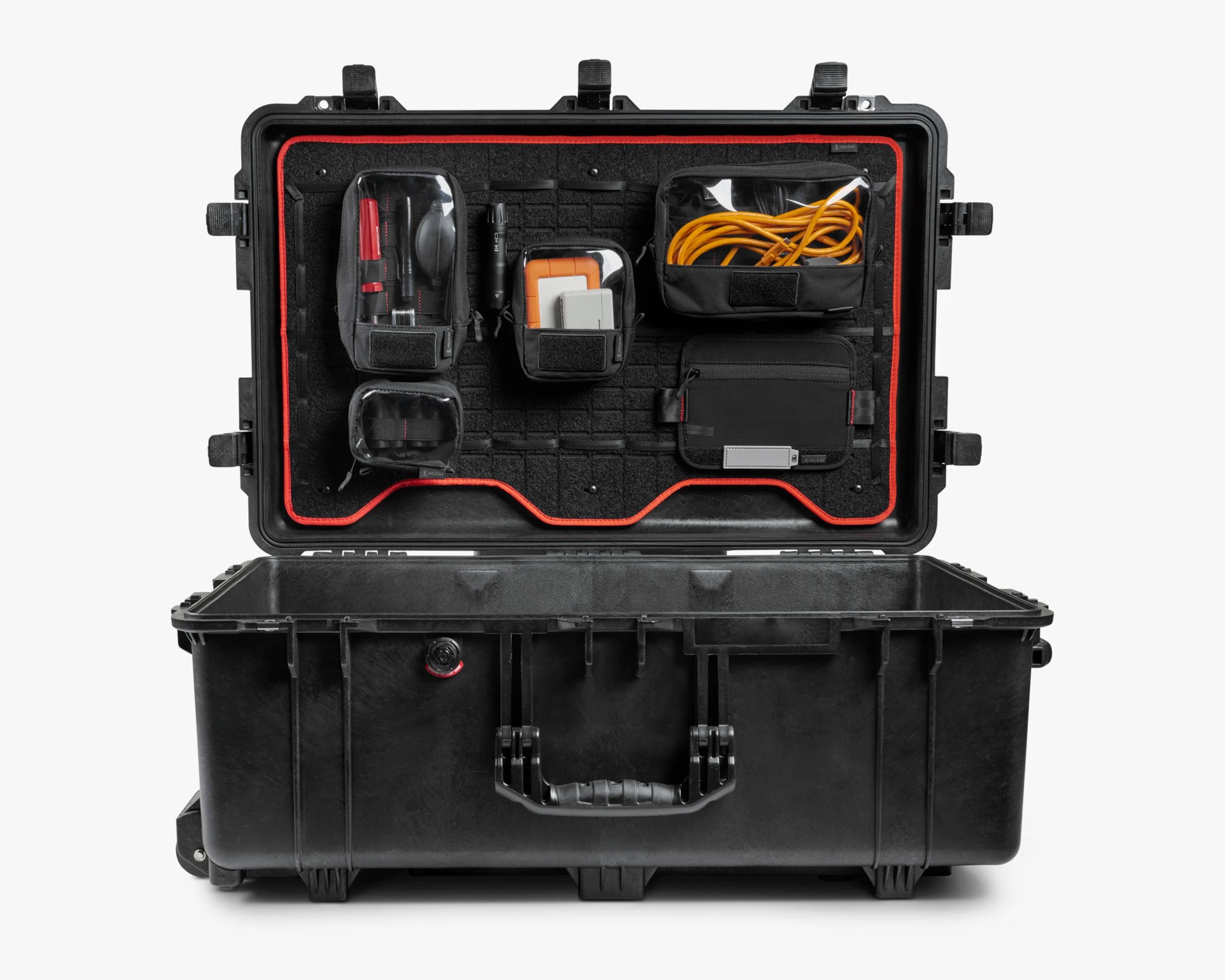 Black hard plastic protective case with multiple black and clear zippered pouches attached inside the lid, containing cables and small tools.