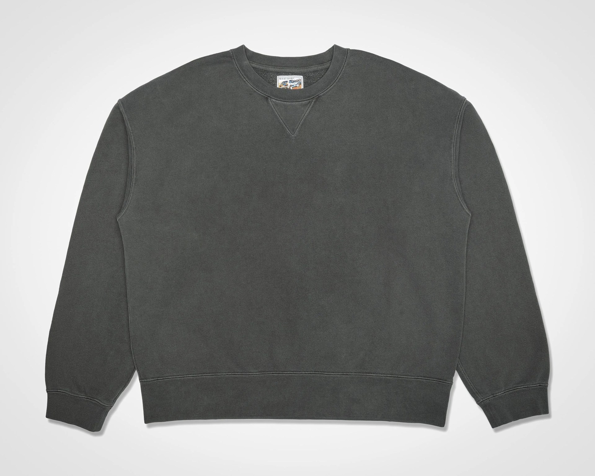 Charcoal gray crewneck sweatshirt with ribbed cuffs and hem laid flat on a white background.