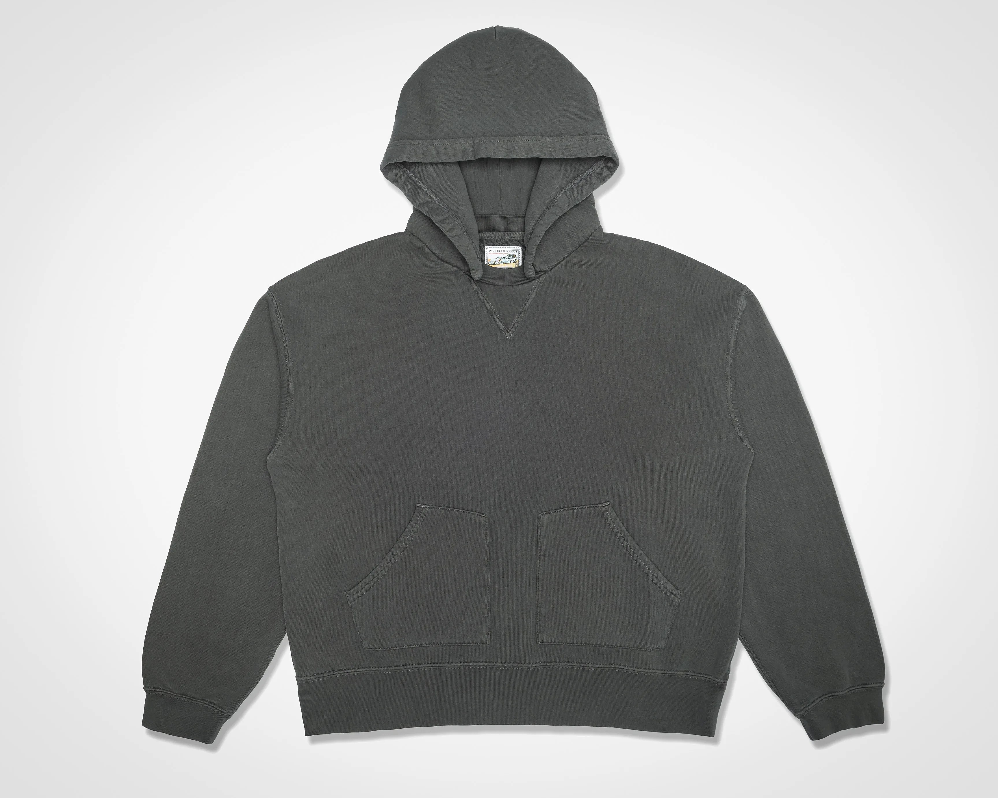 Dark gray pullover hoodie with front kangaroo pocket and ribbed cuffs and hem.